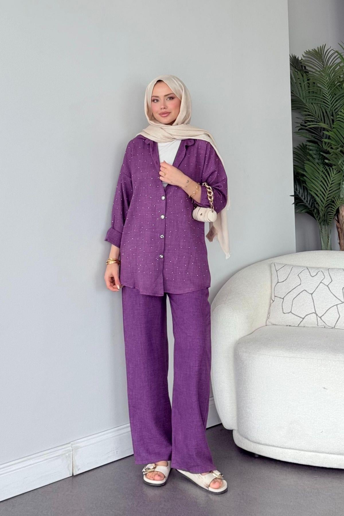 Deniz Taşlı Takım Mor, Fiyatları Deniz Taşlı Takım Mor- Haza Moda