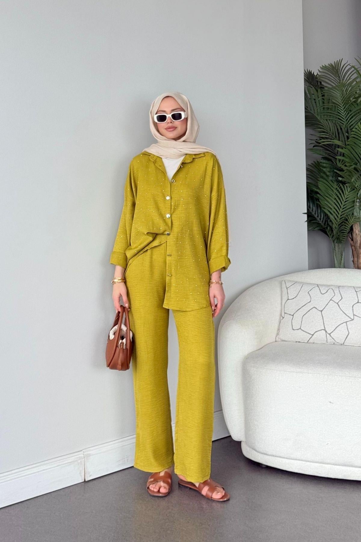 Deniz Taşlı Takım Yağ Yeşili, Fiyatları Deniz Taşlı Takım Yağ Yeşili- Haza Moda
