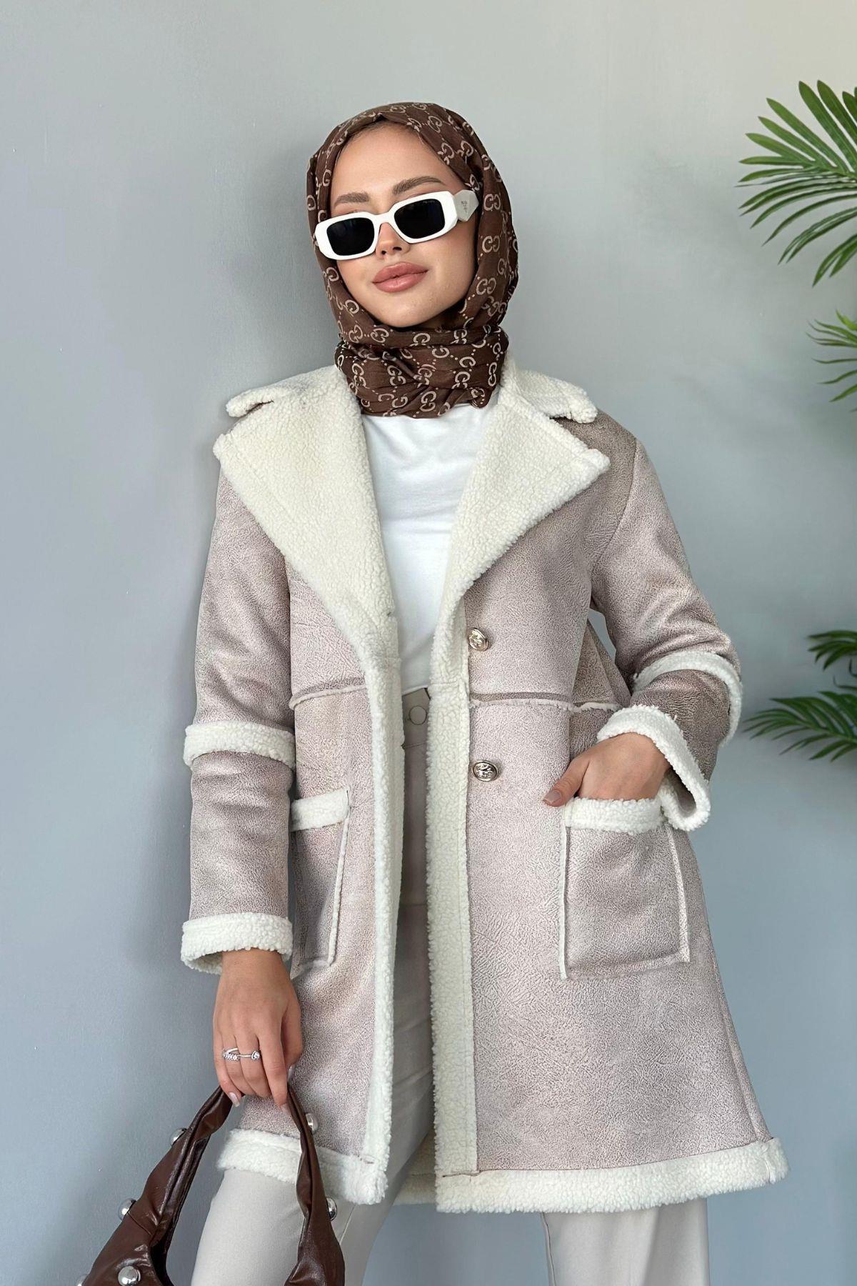 Deri Kürklü Kaban Vizon, Fiyatları Haza Moda | Tesettür Giyim | Deri Kürklü Kaban Vizon