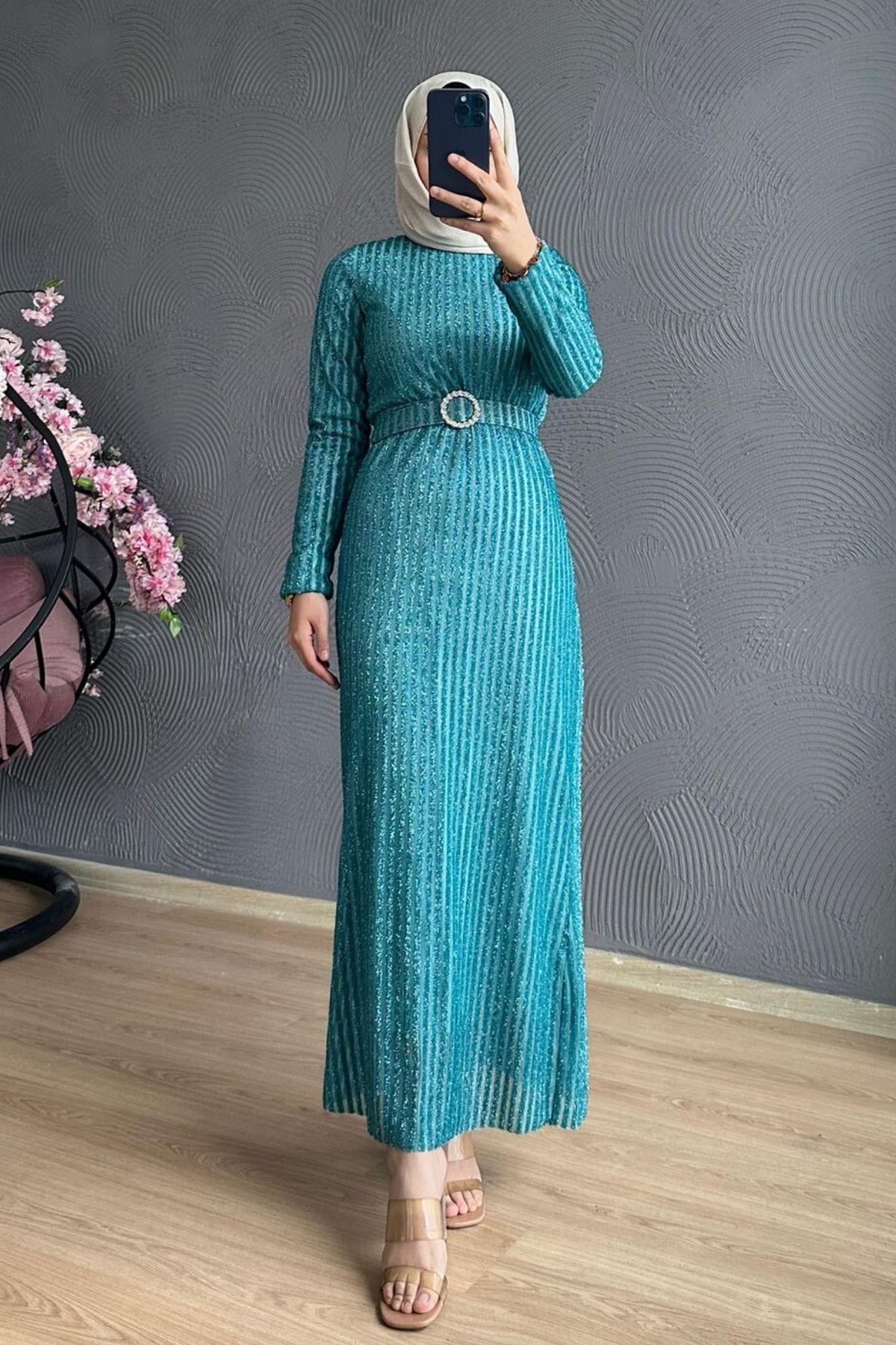 Derin Simli Abiye Mint, Fiyatları Derin Simli Abiye Mint – Haza Moda | Tesettür Giyim