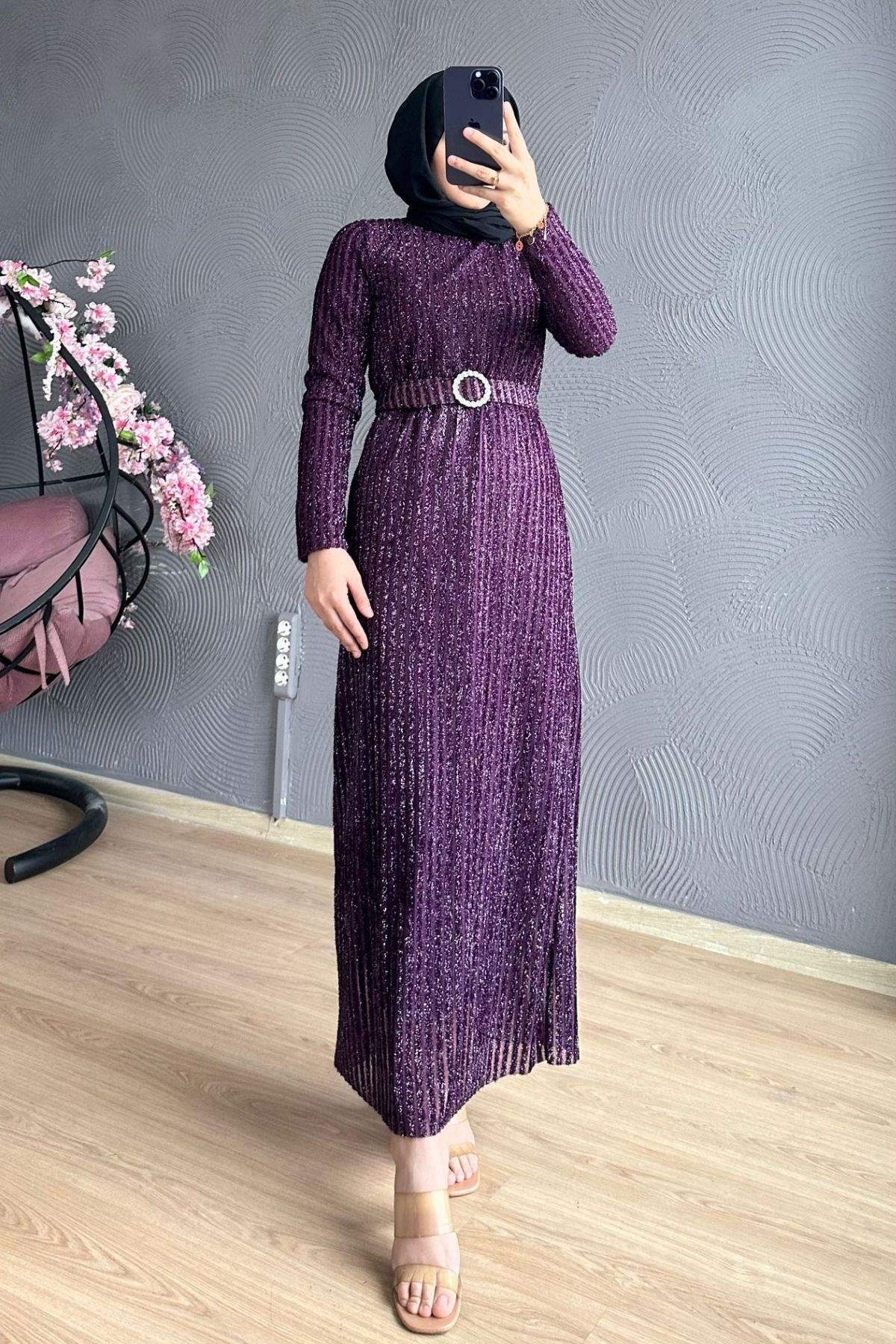 Derin Simli Abiye Mürdüm, Fiyatları Derin Simli Abiye Mürdüm – Haza Moda | Tesettür Giyim