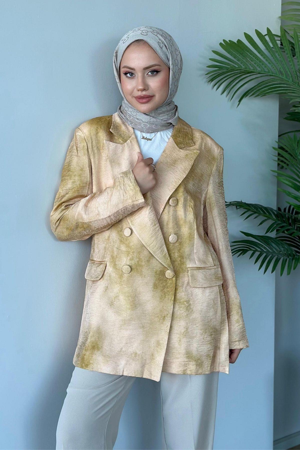 Desenli Blazer Ceket Sarı, Fiyatları Haza Moda | Tesettür Giyim | Desenli Blazer Ceket Sarı