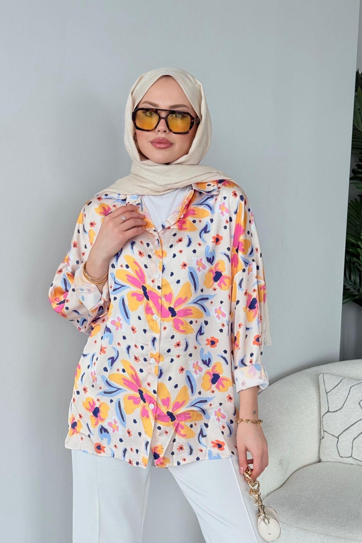 Desenli Saten Gömlek Bej, Fiyatları Desenli Saten Gömlek BejHaza Moda 