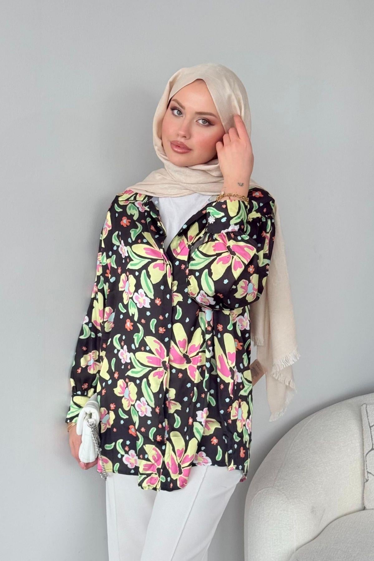 Desenli Saten Gömlek Siyah, Fiyatları Desenli Saten Gömlek Siyah Haza Moda 