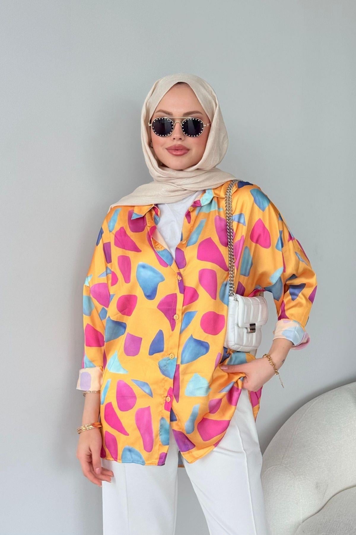 Desenli Saten Gömlek Turuncu, Fiyatları Desenli Saten Gömlek Turuncu Haza Moda 