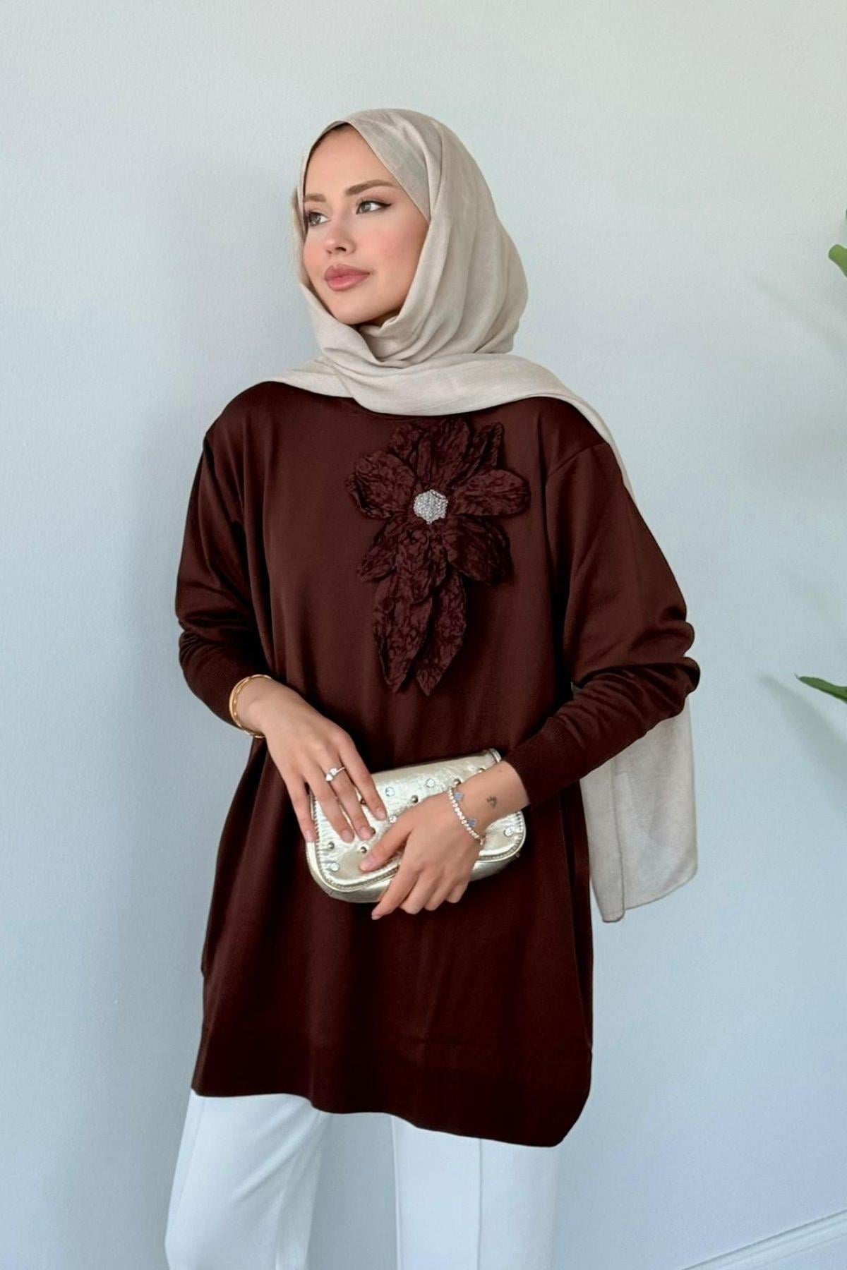 Dila Zambak Merserize Tunik Kahve, Fiyatları Dila Zambak Merserize Tunik Kahve- Haza Moda 