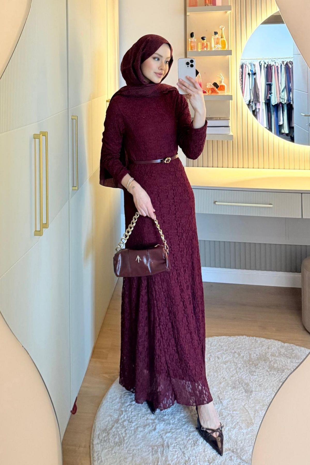 Donatela Danteli Elbise Bordo, Fiyatları Donatela Danteli Elbise Bordo| Haza Moda