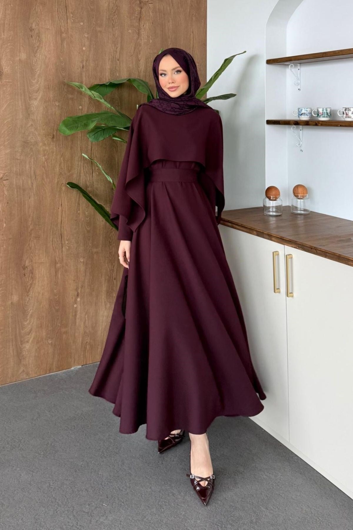 Double Pelerinli Elbise Mürdüm, Fiyatları 