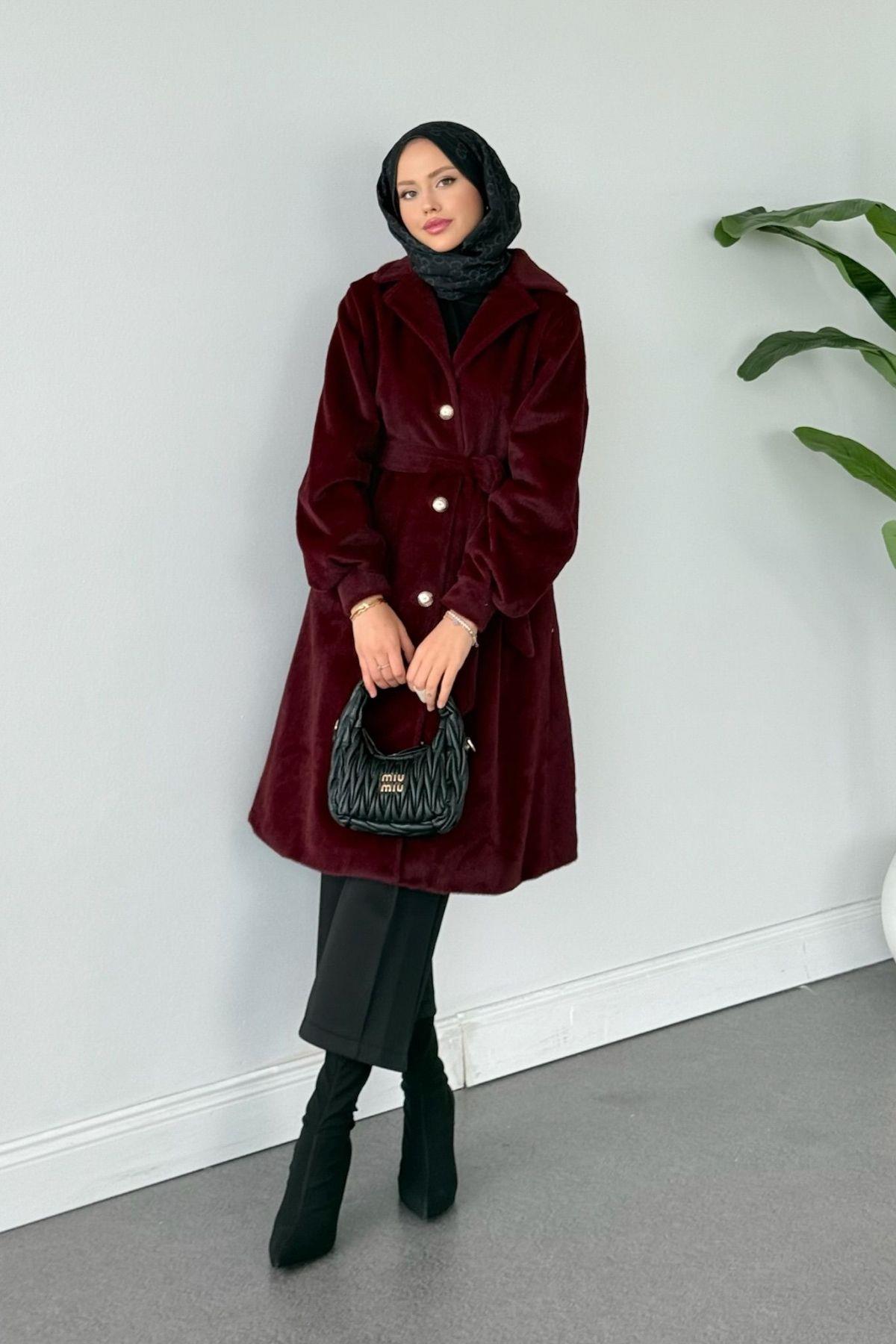 DUA Tay Tüylü Kaban Bordo, Fiyatları DUA Tay Tüylü Kaban Bordo Haza Moda 
