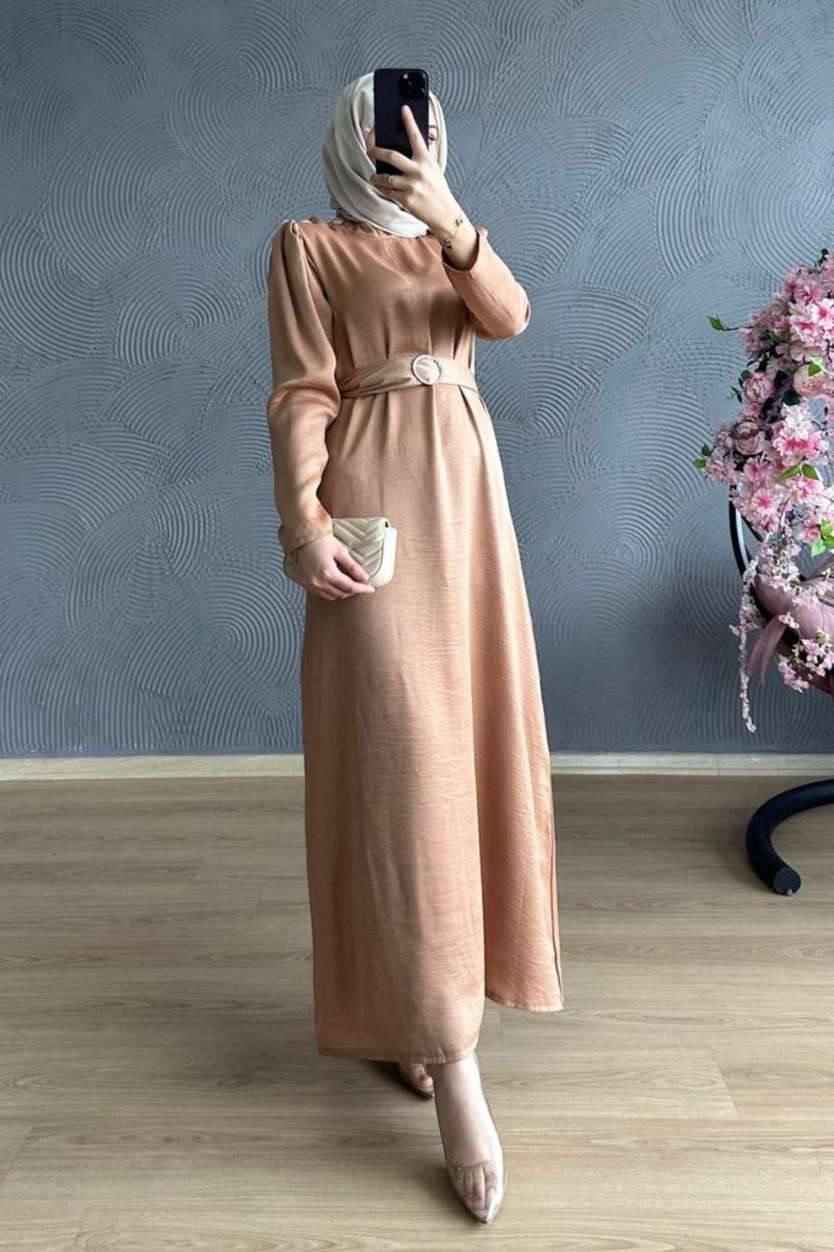 Düz Kesim Taşlı Saten Elbise Camel, Fiyatları 