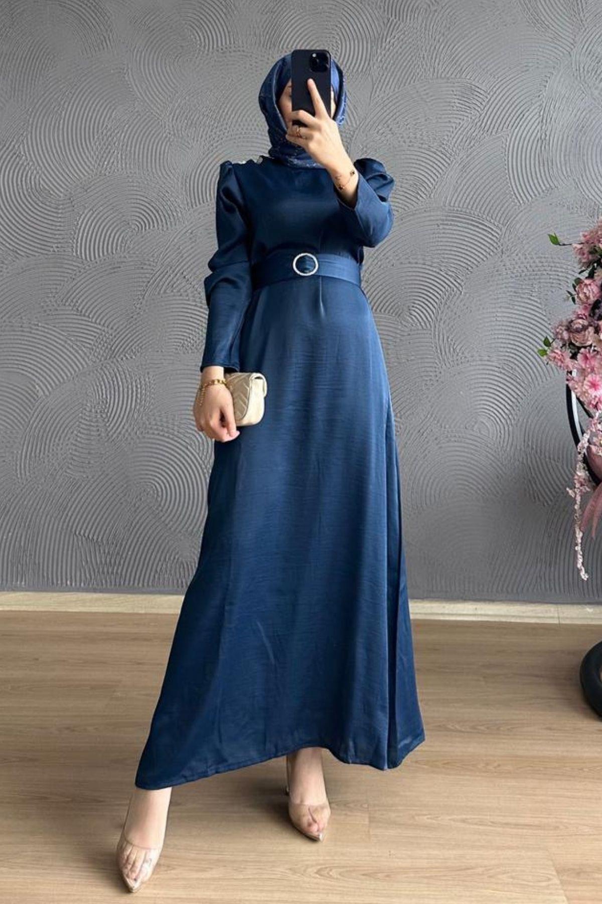 Düz Kesim Taşlı Saten Elbise Lacivert, Fiyatları 