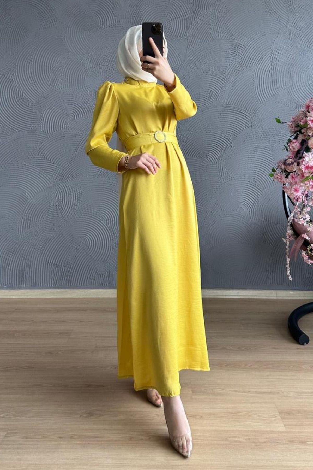 Düz Kesim Taşlı Saten Elbise Sarı, Fiyatları 
