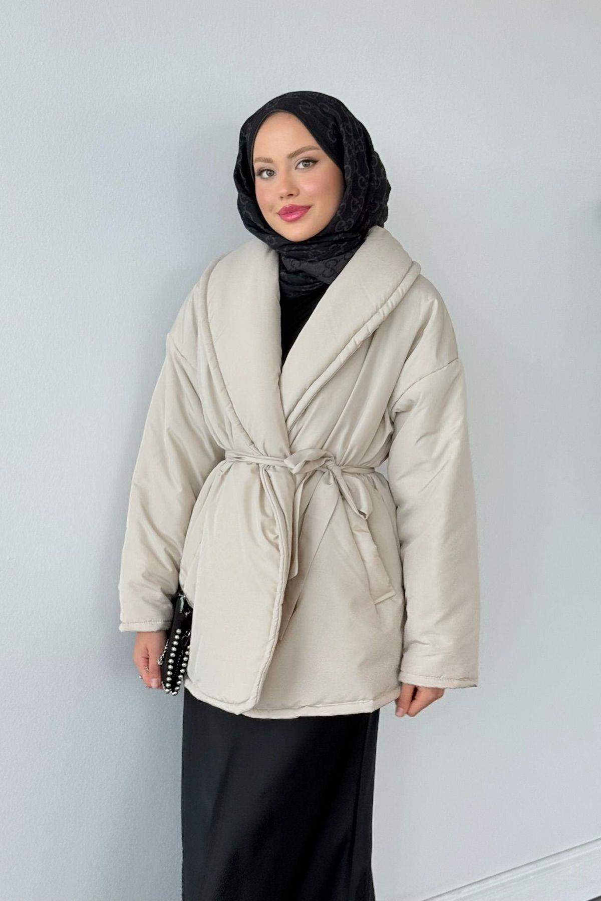 Düz Kuşaklı Şişme Mont Bej, Fiyatları Düz Kuşaklı Şişme Mont Bej - Haza Moda 