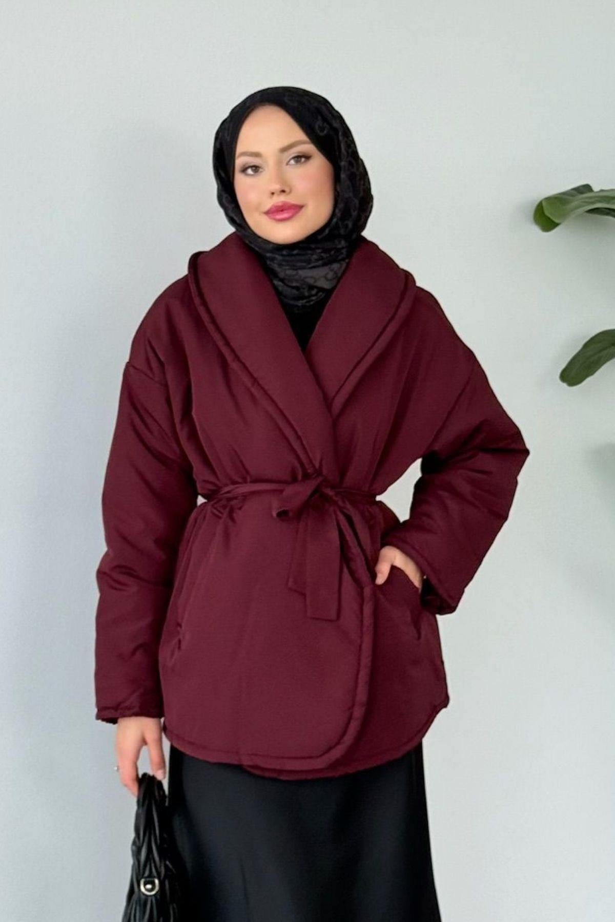 Düz Kuşaklı Şişme Mont Bordo, Fiyatları Düz Kuşaklı Şişme Mont Bordo- Haza Moda 
