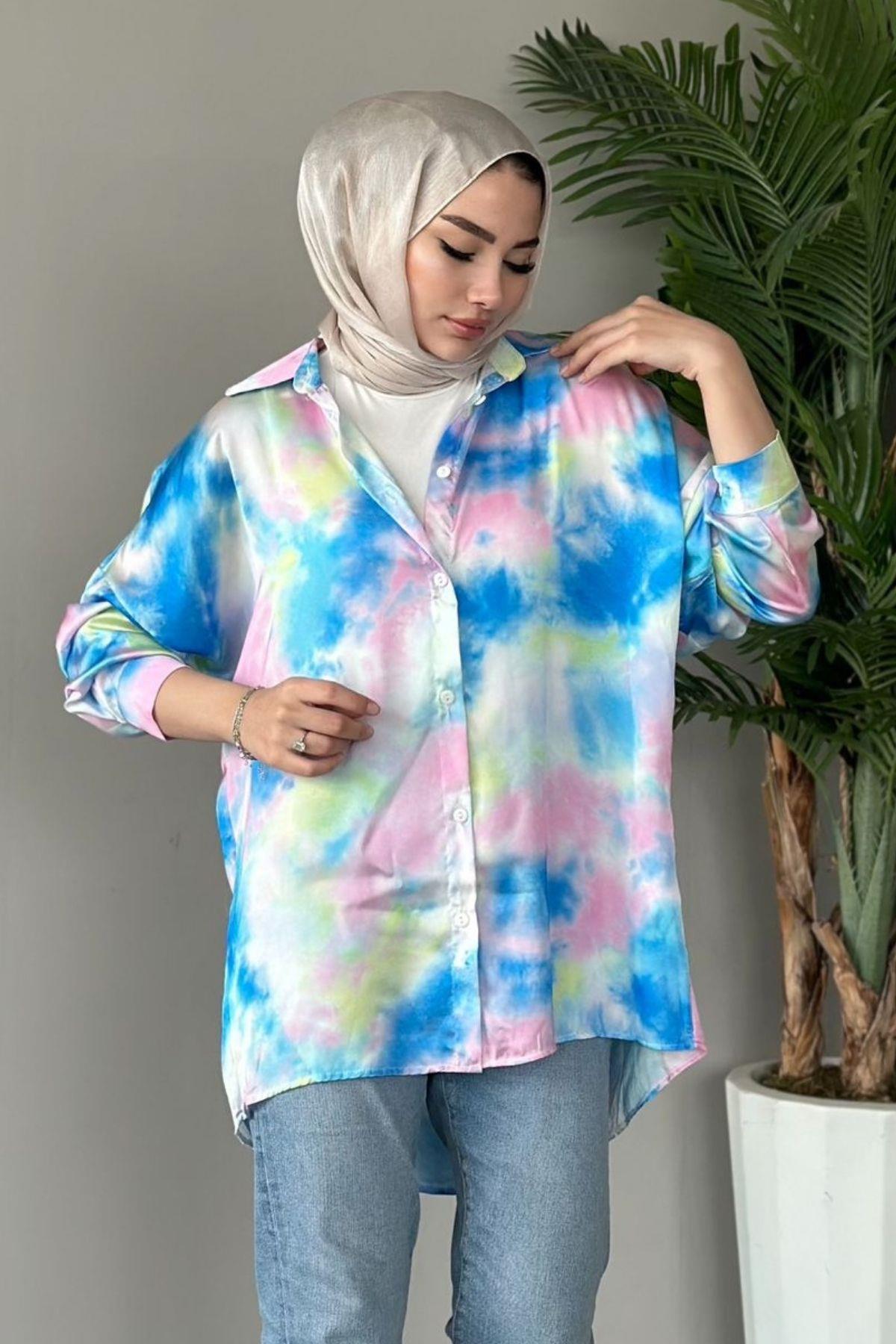 Ebruli Saten Gömlek Mavi, Fiyatları 