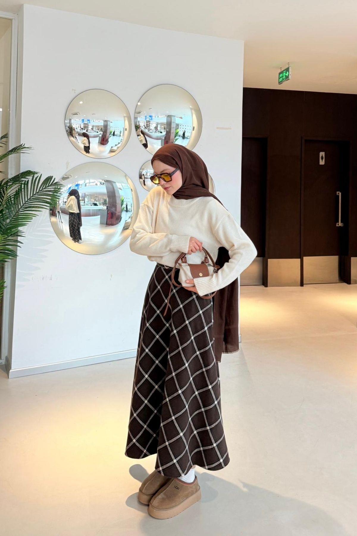 Ekose Etek Acı Kahve, Fiyatları Ekose Etek Acı kahve| Haza Moda