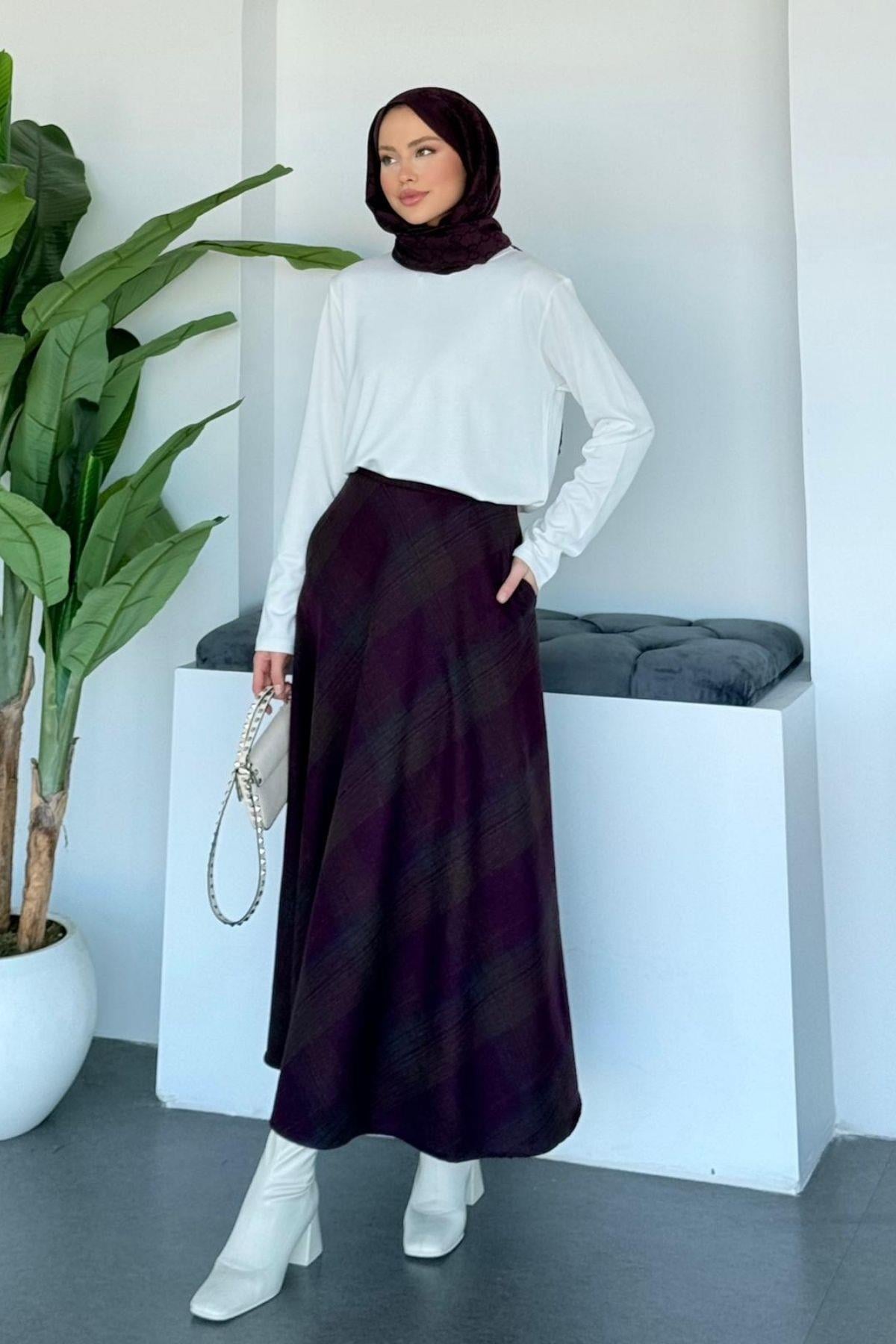 Ekose Etek Mürdüm, Fiyatları Ekose Etek Mürdüm | Haza Moda