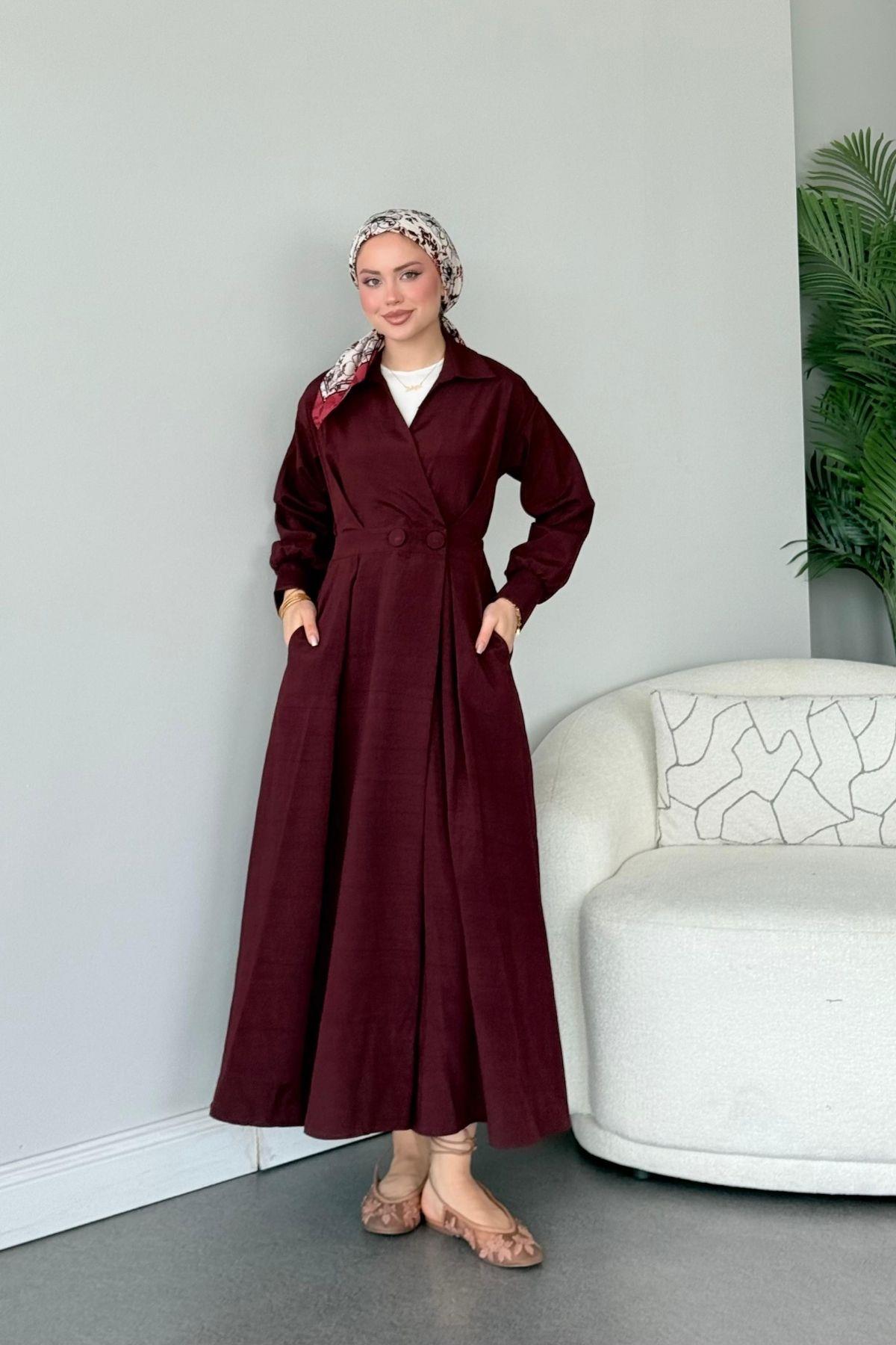 Elizabeth Düğmeli Elbise Mürdüm, Fiyatları Elizabeth Düğmeli Elbise Mürdüm- Haza Moda