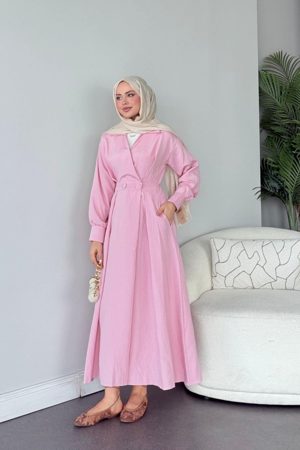 Elizabeth Düğmeli Elbise Pembe, Fiyatları Elizabeth Düğmeli Elbise Pembe- Haza Moda