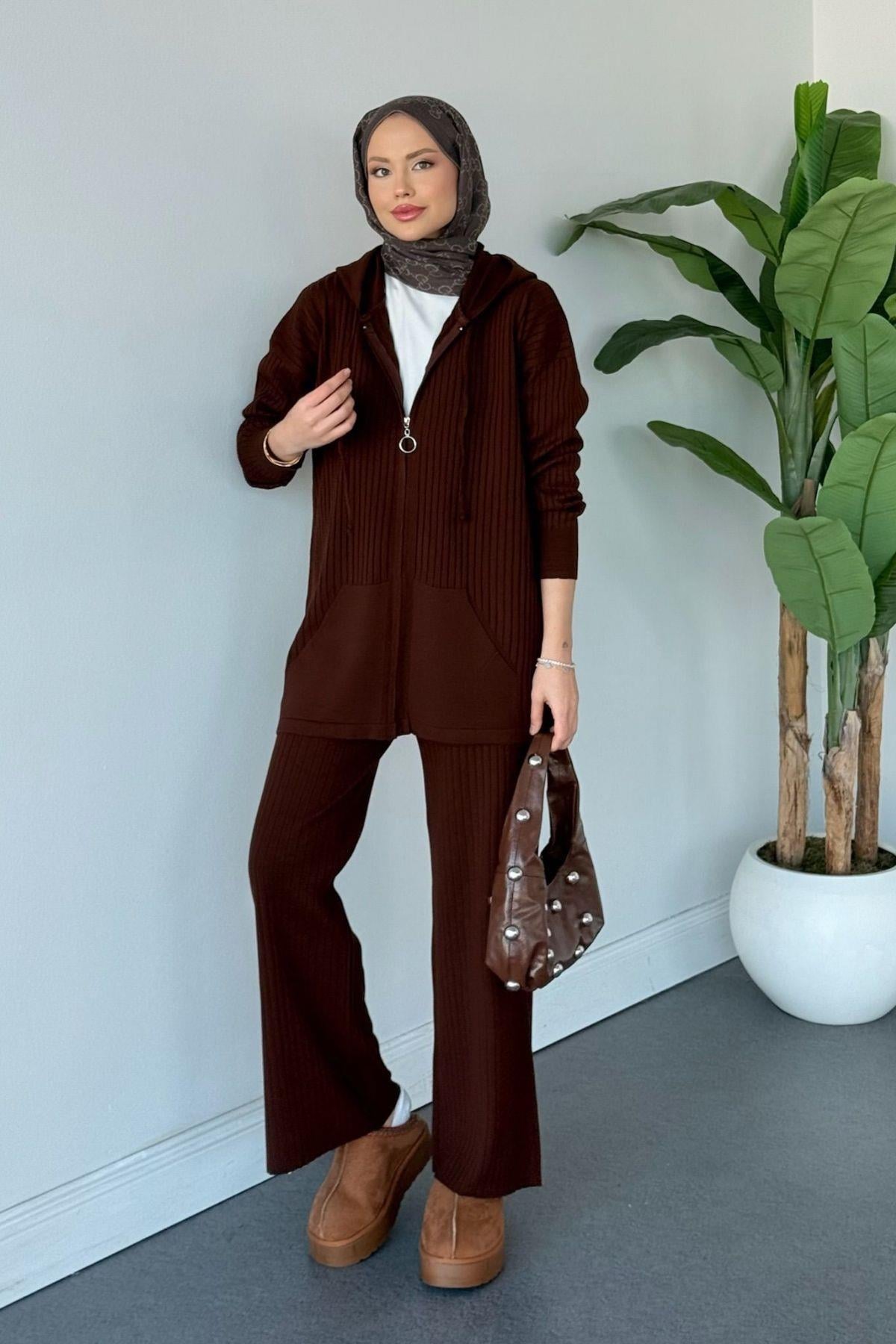 Enji Kapişonlu Fermuarlı Takım Acıkahve, Fiyatları Somre Pamuklu Yelekli Takım Bordo Haza Moda 