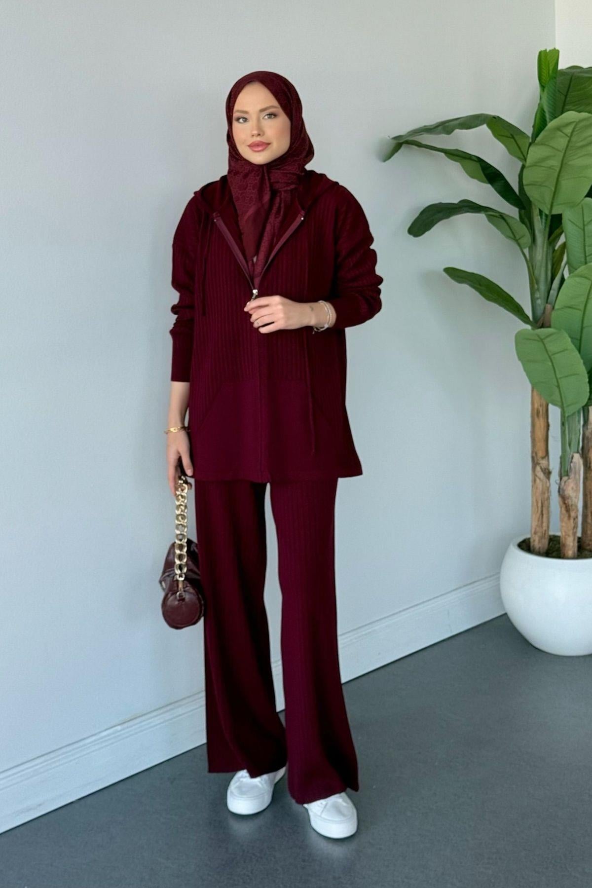 Enji Kapişonlu Fermuarlı Takım Bordo, Fiyatları Somre Pamuklu Yelekli Takım Bordo Haza Moda 