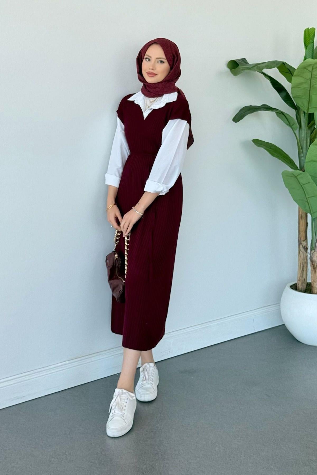 Ermes Gömlek Detaylı Elbise Bordo, Fiyatları Ermes Gömlek Detaylı Elbise Bordo - Haza Moda