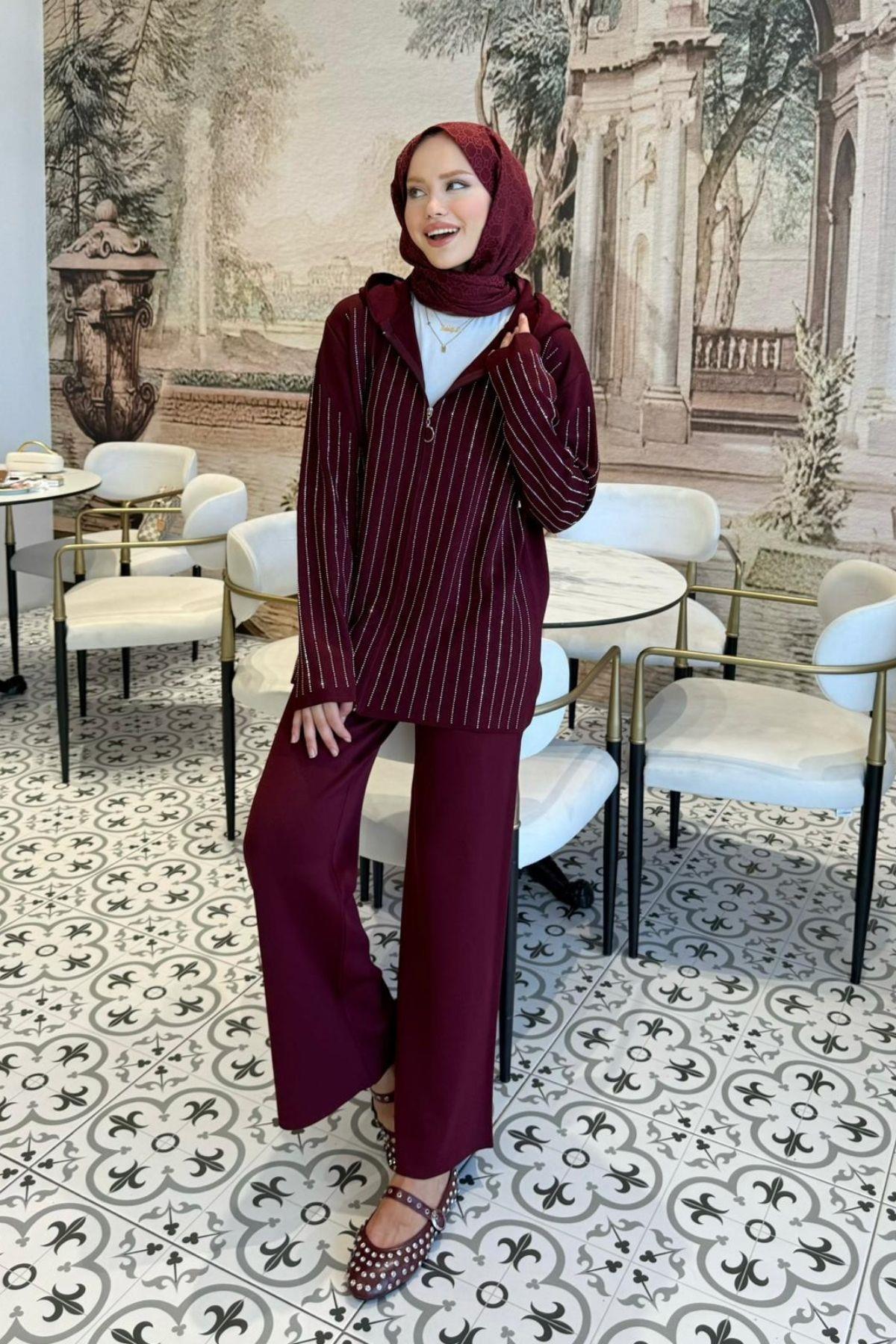 Eros Taşlı Pantolonu Takım Bordo, Fiyatları Eros Taşlı Pantolonu Takım Bordo- Haza Moda 