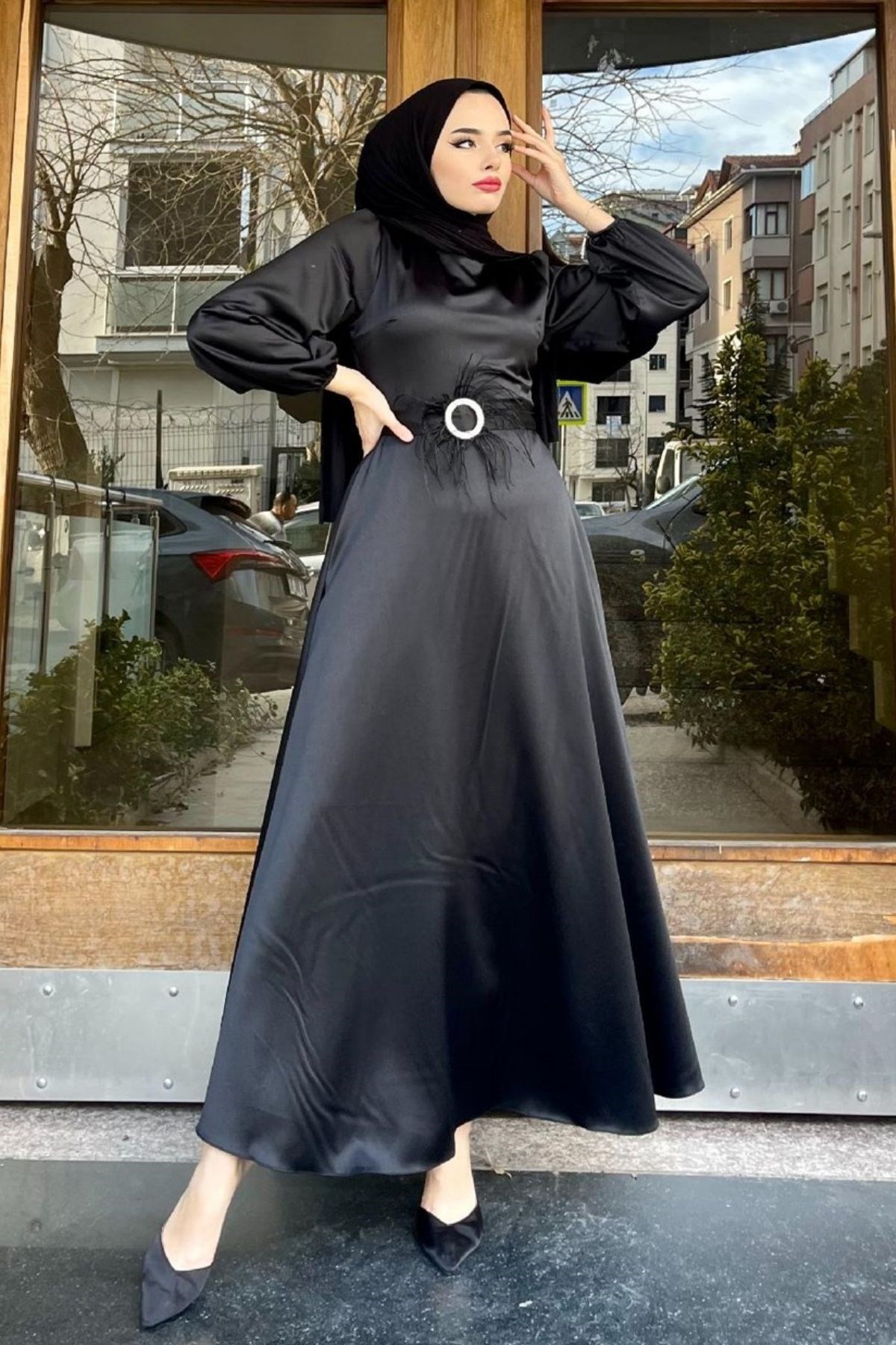 Esila Tüy Detay Abiye SİYAH, Fiyatları Esila Tüy Detay Abiye SİYAH – Haza Moda | Tesettür Giyim