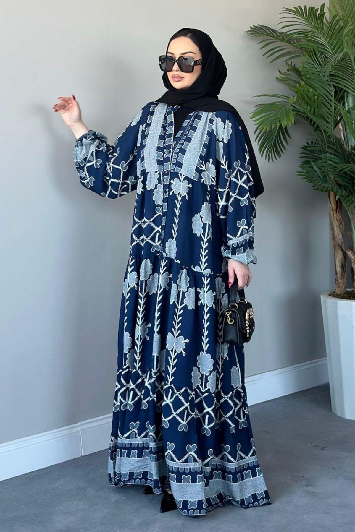 Etnik Viskon Elbise Lacivert, Fiyatları 