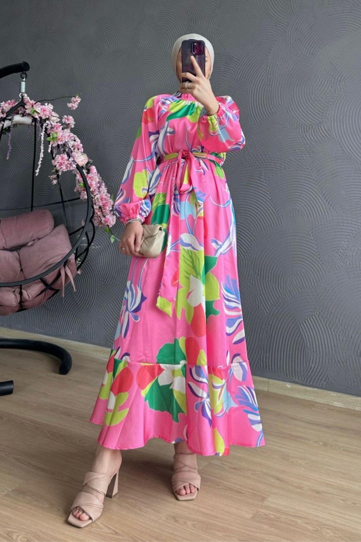 Eylül Çiçekli Elbise Pembe, Fiyatları Eylül Çiçekli Elbise Pembe – Haza Moda | Tesettür Giyim