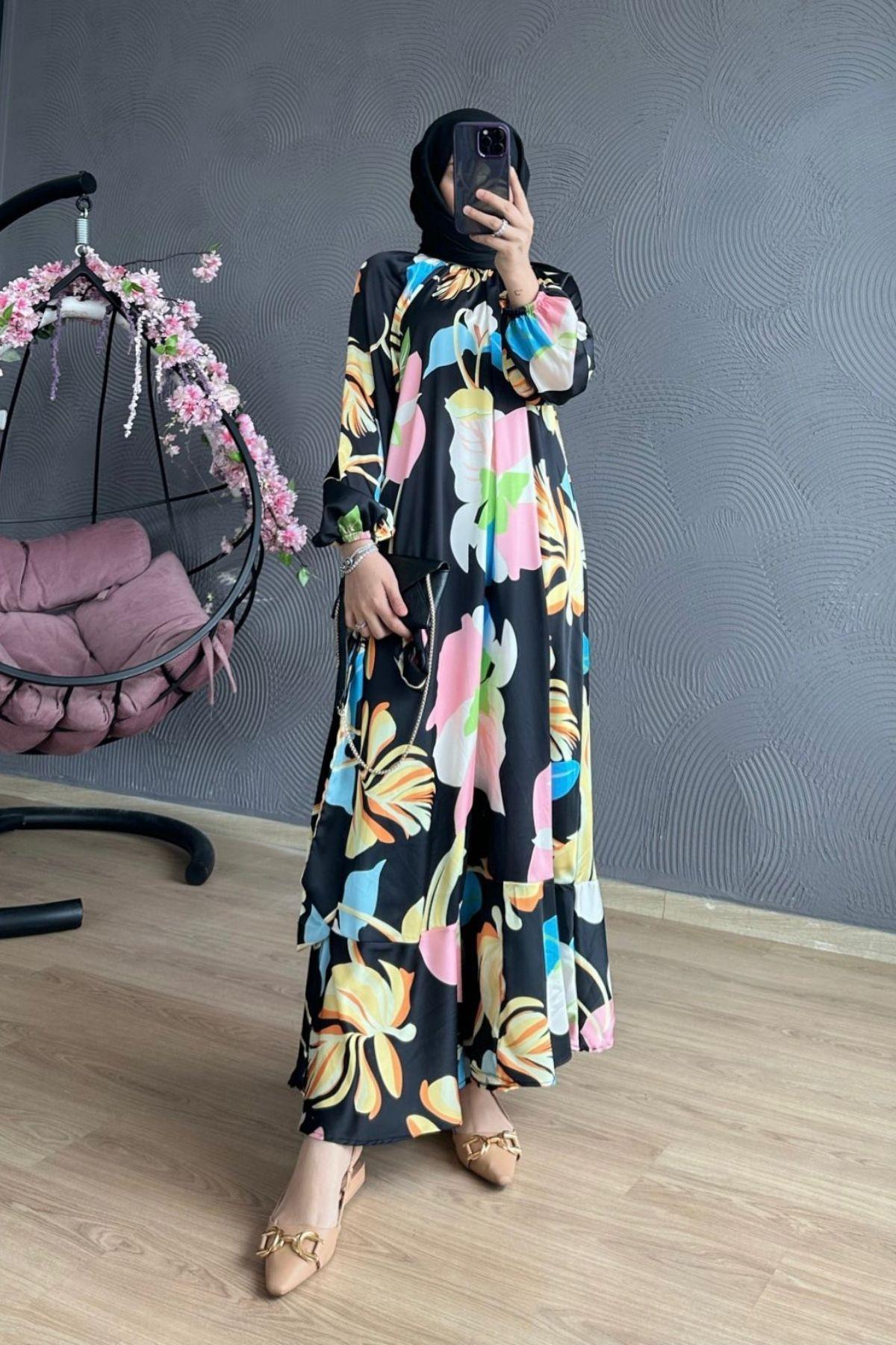 Eylül Çiçekli Elbise Siyah, Fiyatları Eylül Çiçekli Elbise Siyah – Haza Moda | Tesettür Giyim