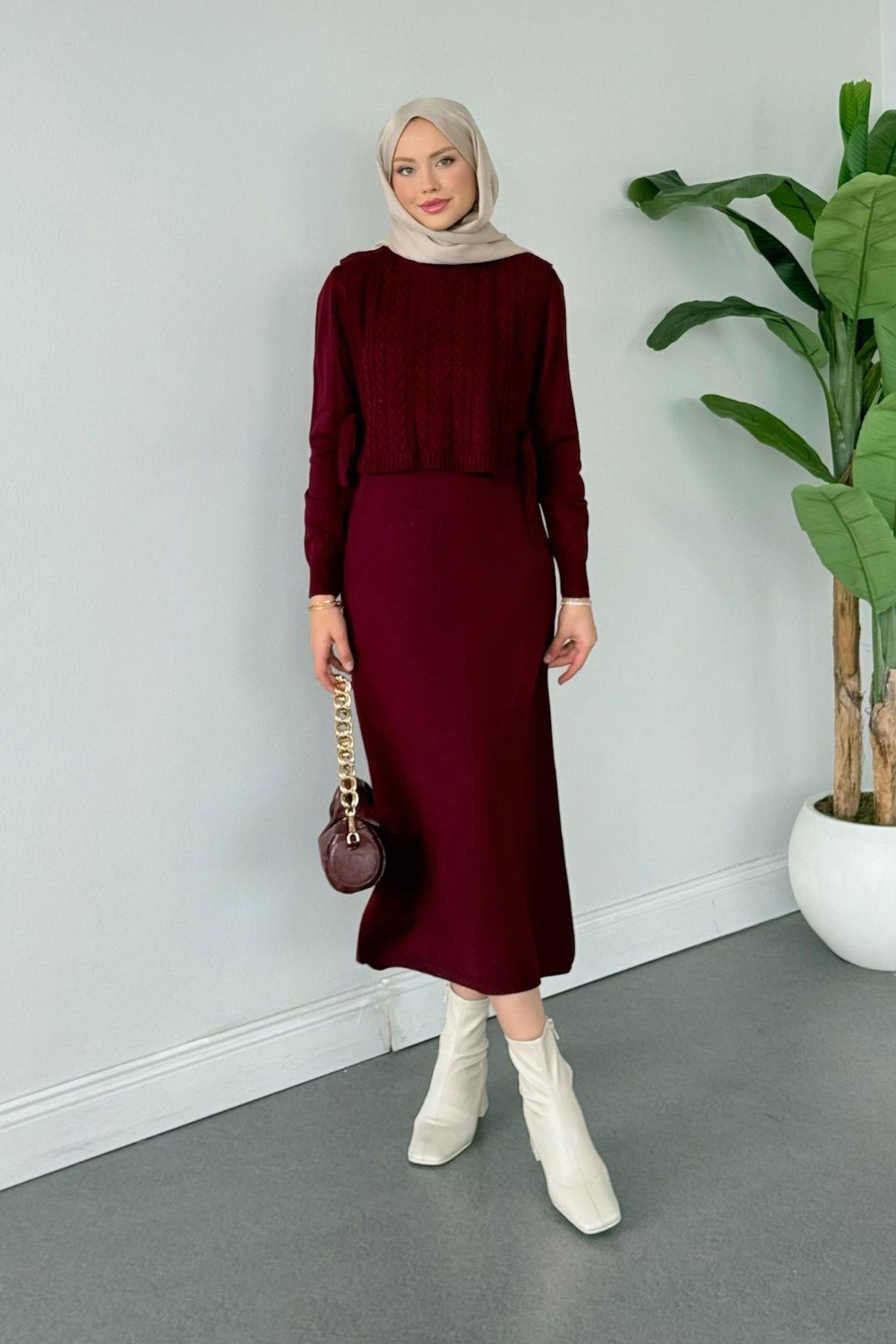 Gülben Crop Detaylı Elbise Bordo, Fiyatları Gülben Crop Detaylı Elbise Bordo- Haza Moda