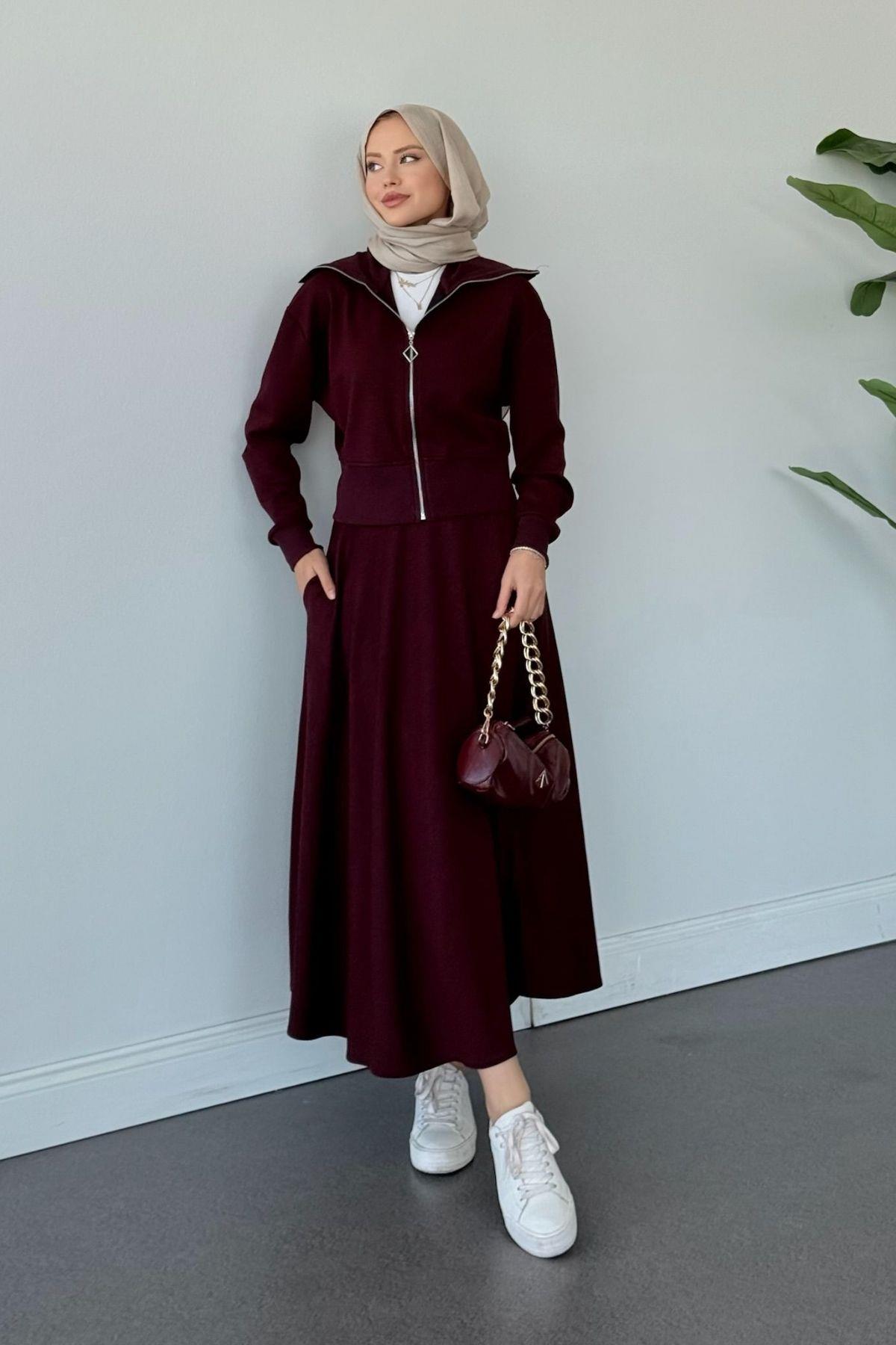 Hadise Oys Etekli Takım Bordo, Fiyatları Hadise Oys Etekli Takım Bordo Haza Moda 
