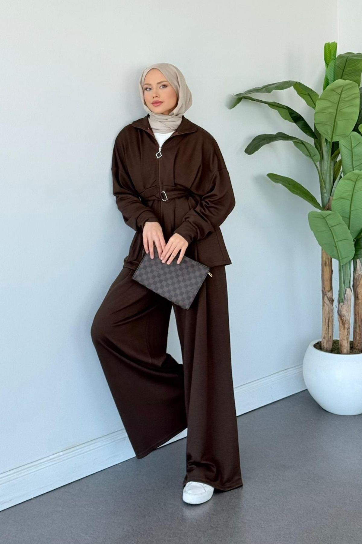 Hanna Pamuklu Pantolonlu Takım Acıkahve, Fiyatları Hanna Pamuklu Pantolonlu Takım Acıkahve Haza Moda 