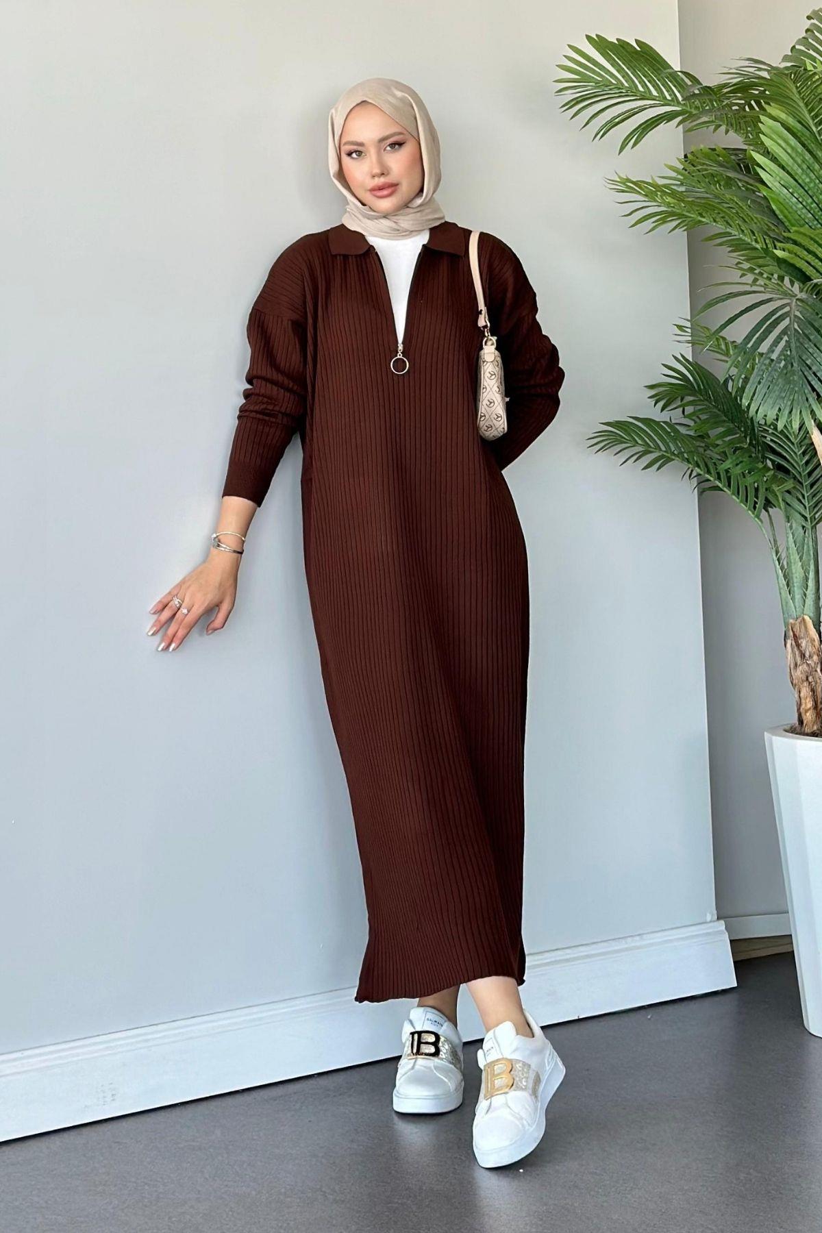 Hilal Fermuarlı Triko Elbise Acıkahve, Fiyatları 