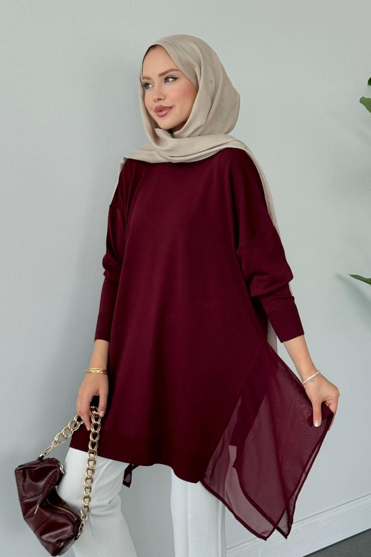 Hüda Şifon Detaylı Merserize Tunik Bordo, Fiyatları Hüda Şifon Detaylı Merserize TunikBordo Haza Moda 