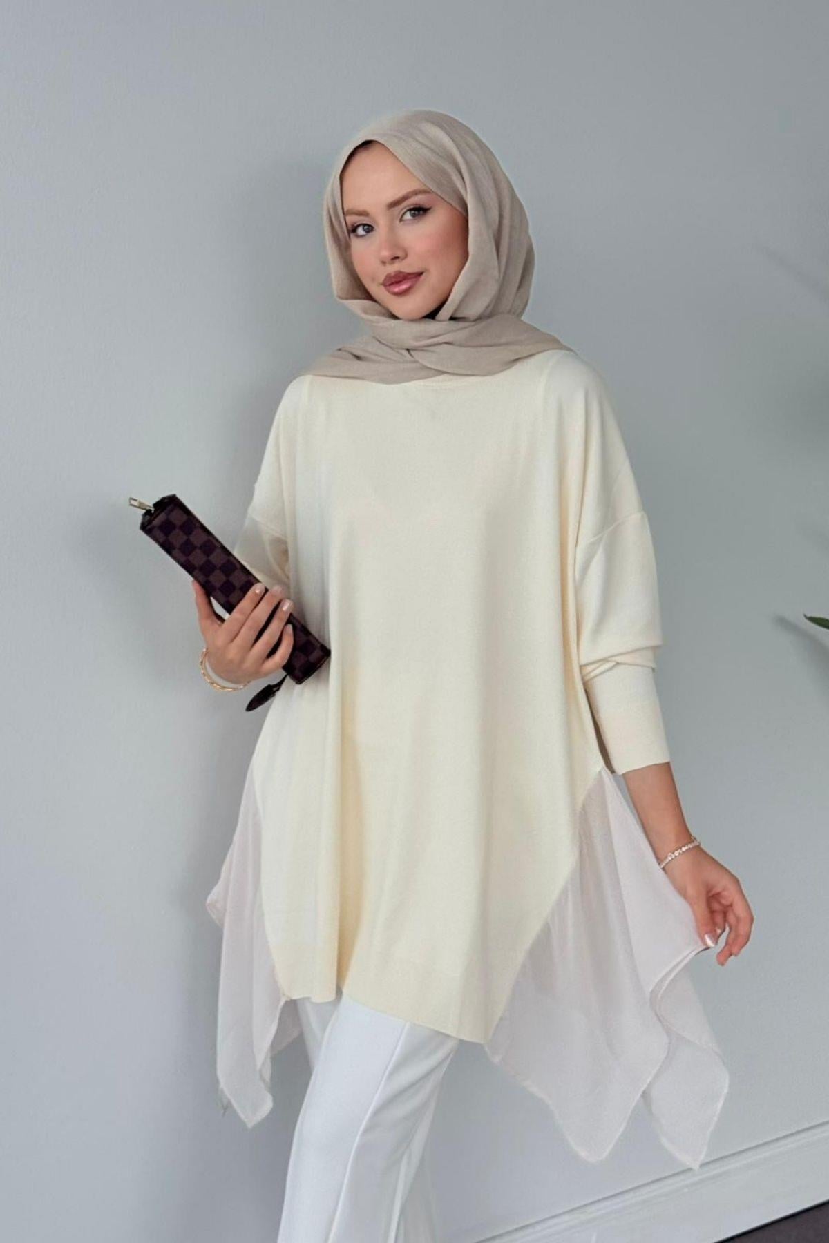 Hüda Şifon Detaylı Merserize Tunik Ekru, Fiyatları Hüda Şifon Detaylı Merserize Tunik Ekru Haza Moda 