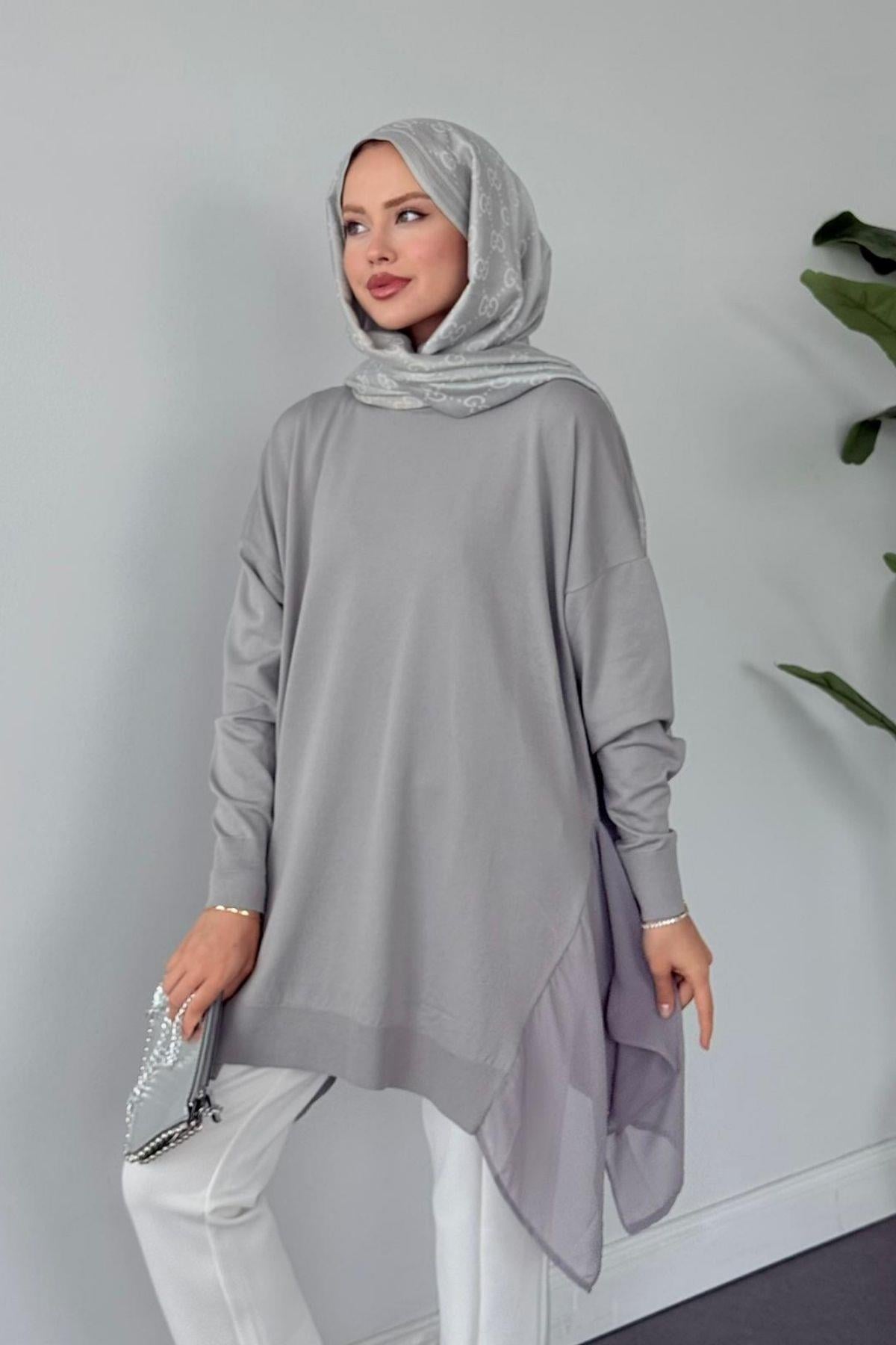 Hüda Şifon Detaylı Merserize Tunik Gri, Fiyatları Hüda Şifon Detaylı Merserize Tunik Gri Haza Moda 