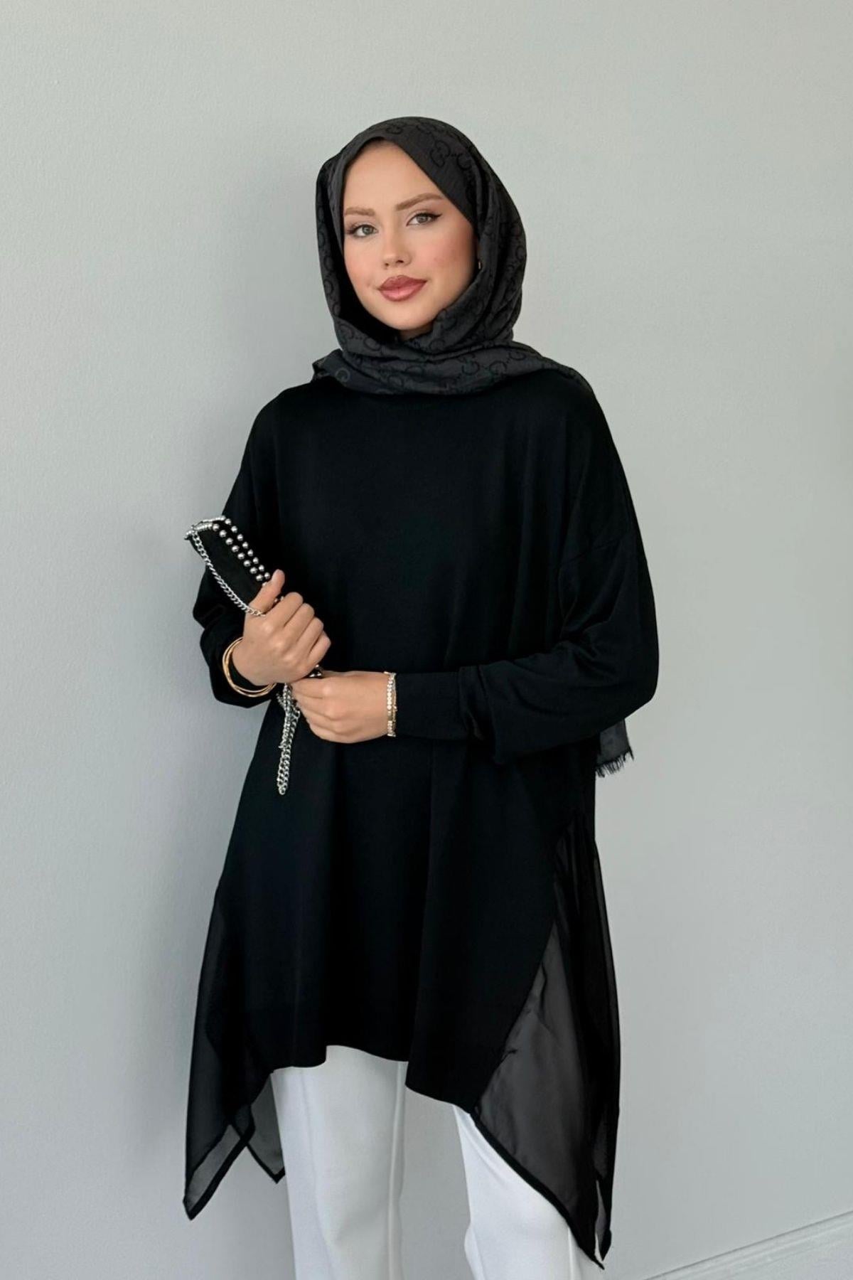Hüda Şifon Detaylı Merserize Tunik Siyah, Fiyatları Hüda Şifon Detaylı Merserize Tunik SiyahHaza Moda 