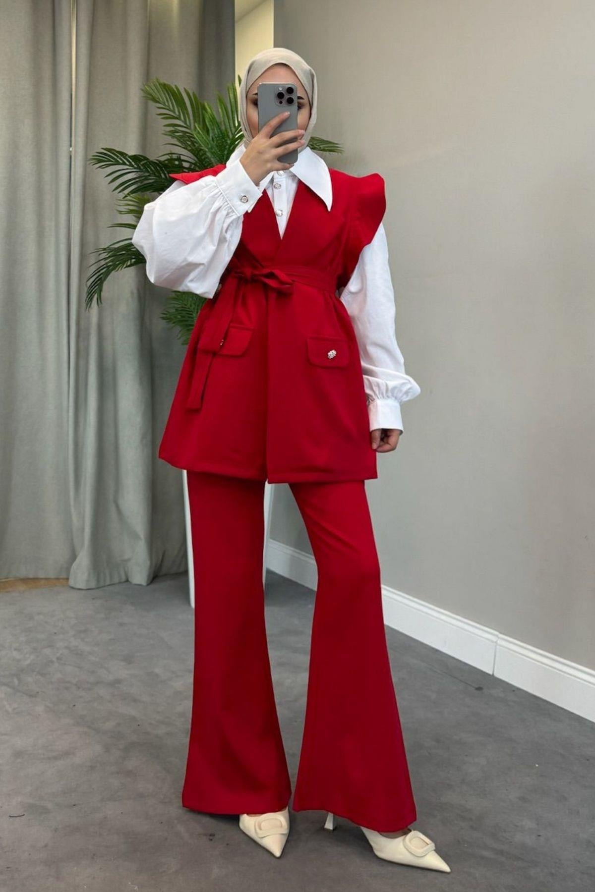 Hürrem Yelekli Takım Kırmızı, Fiyatları Hürrem Yelekli Takım Kırmızı – Haza Moda | Tesettür Giyim