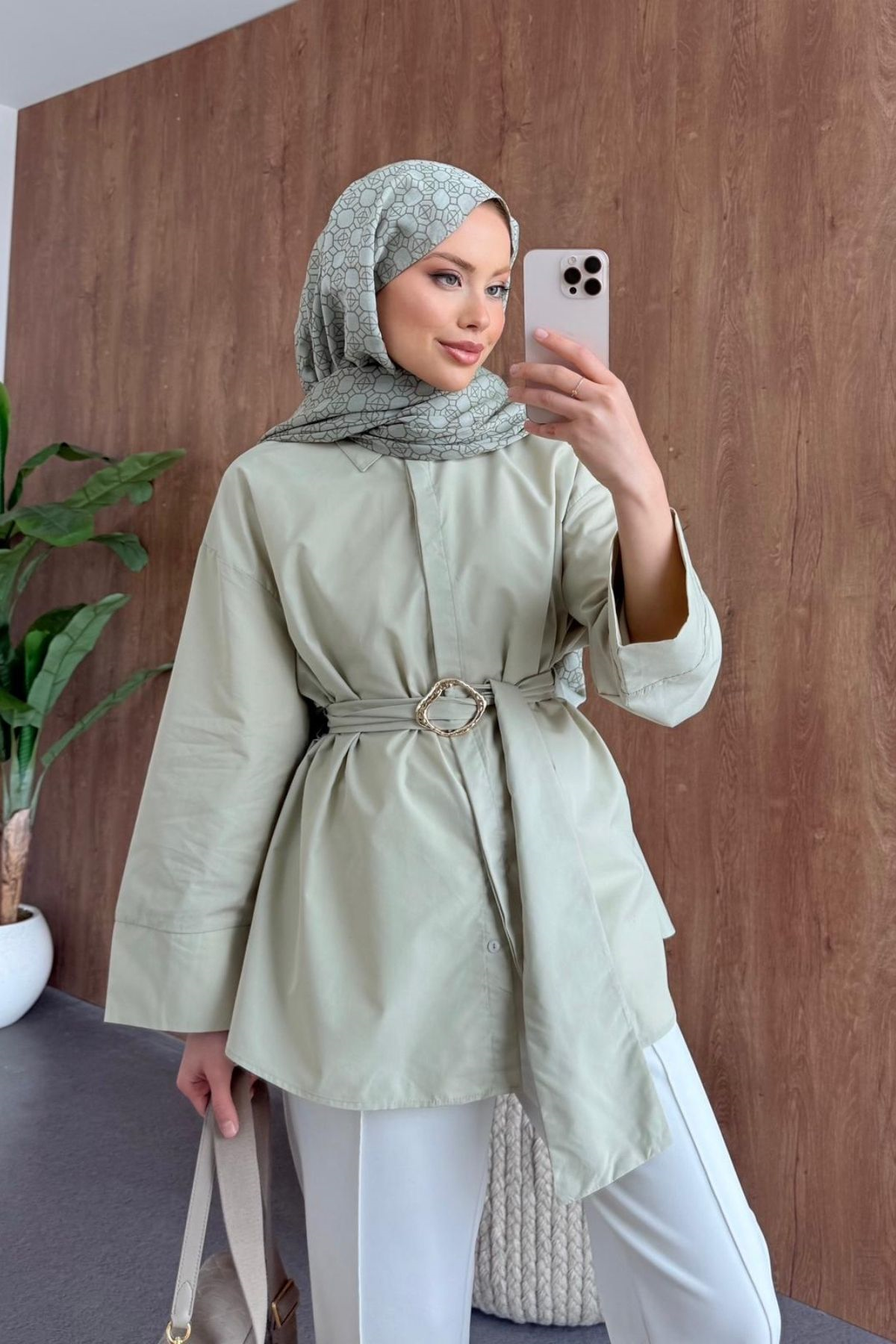 HznToka Detaylı Kuşaklı Gömlek Mint , Fiyatları 