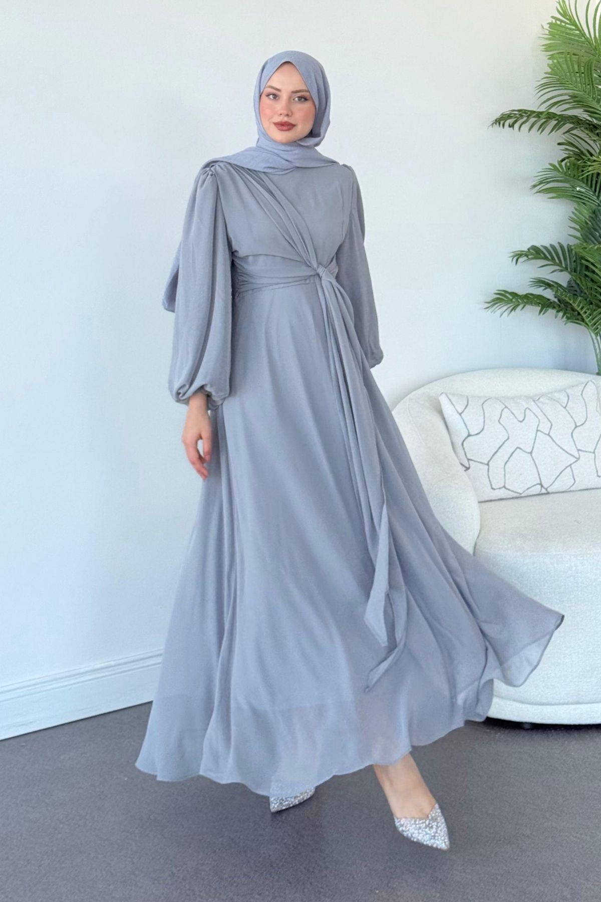 İlayda Şifon Elbise Gri, Fiyatları İlayda Şifon Elbise Gri- Haza Moda