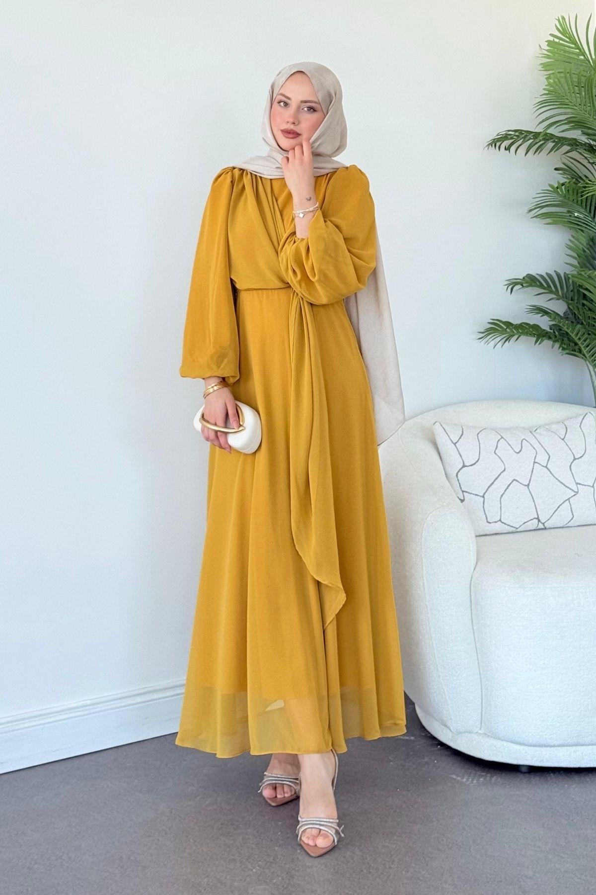 İlayda Şifon Elbise Hardal, Fiyatları İlayda Şifon Elbise Hardal- Haza Moda