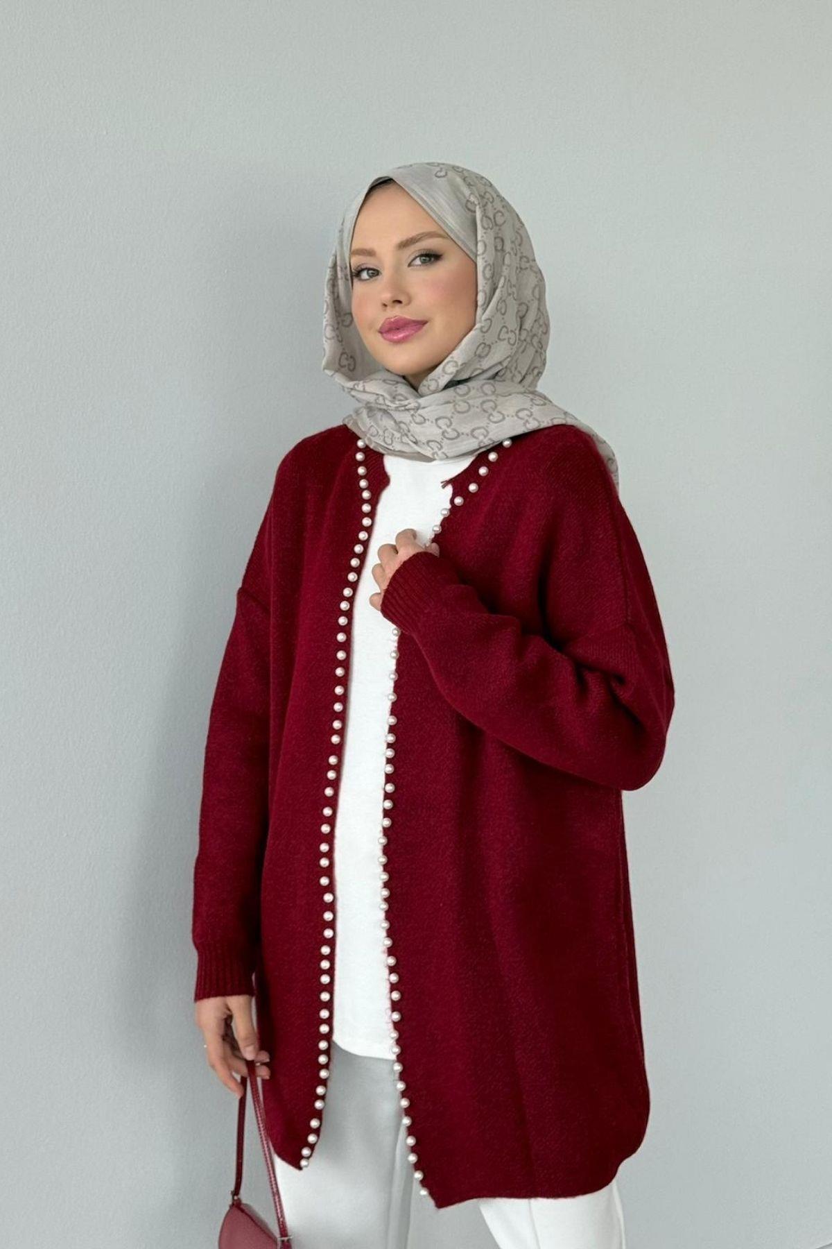 İnci Detaylı Hırka Bordo, Fiyatları İnci Detaylı Hırka Bordo Haza Moda 