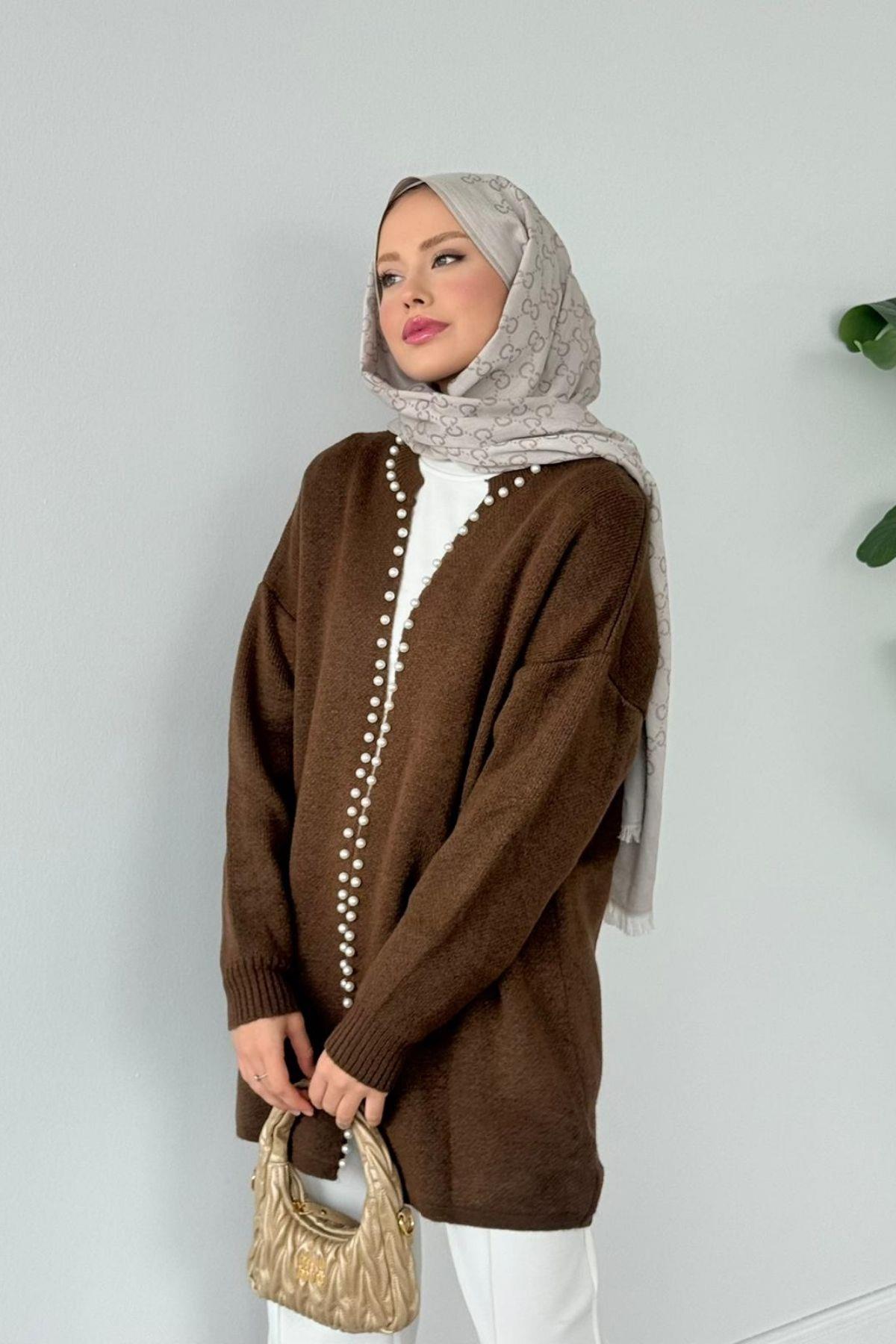 İnci Detaylı Hırka Kahverengi, Fiyatları İnci Detaylı Hırka Kahverengi Haza Moda 