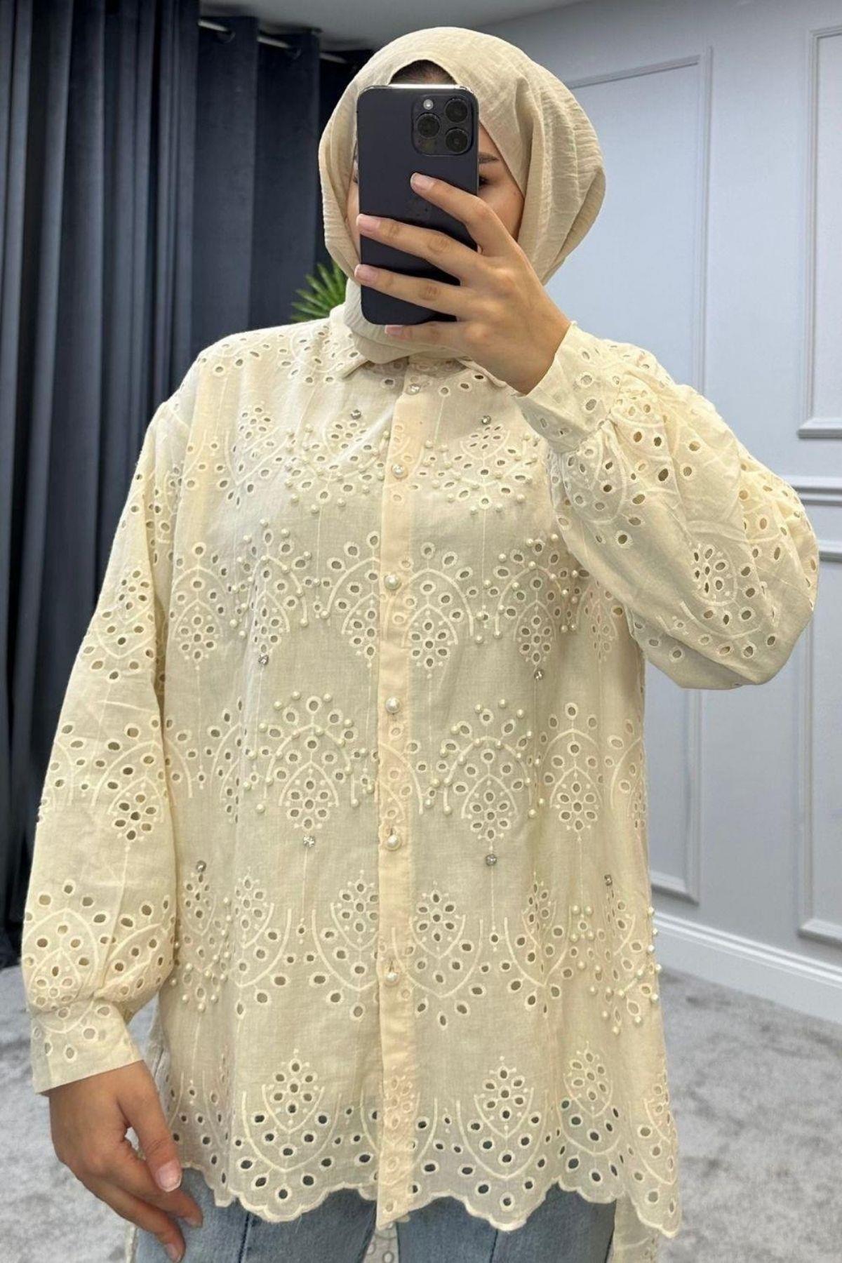 İncili Fisto Gömlek Ekru, Fiyatları İncili Fisto Gömlek Ekru – Haza Moda | Tesettür Giyim