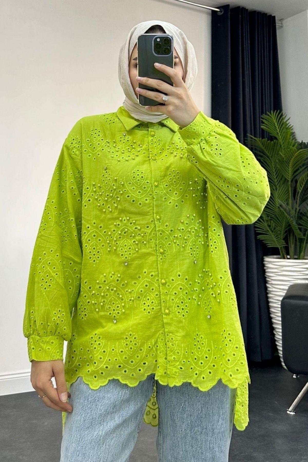 قميص لؤلؤي صدفي فستقي أخضر