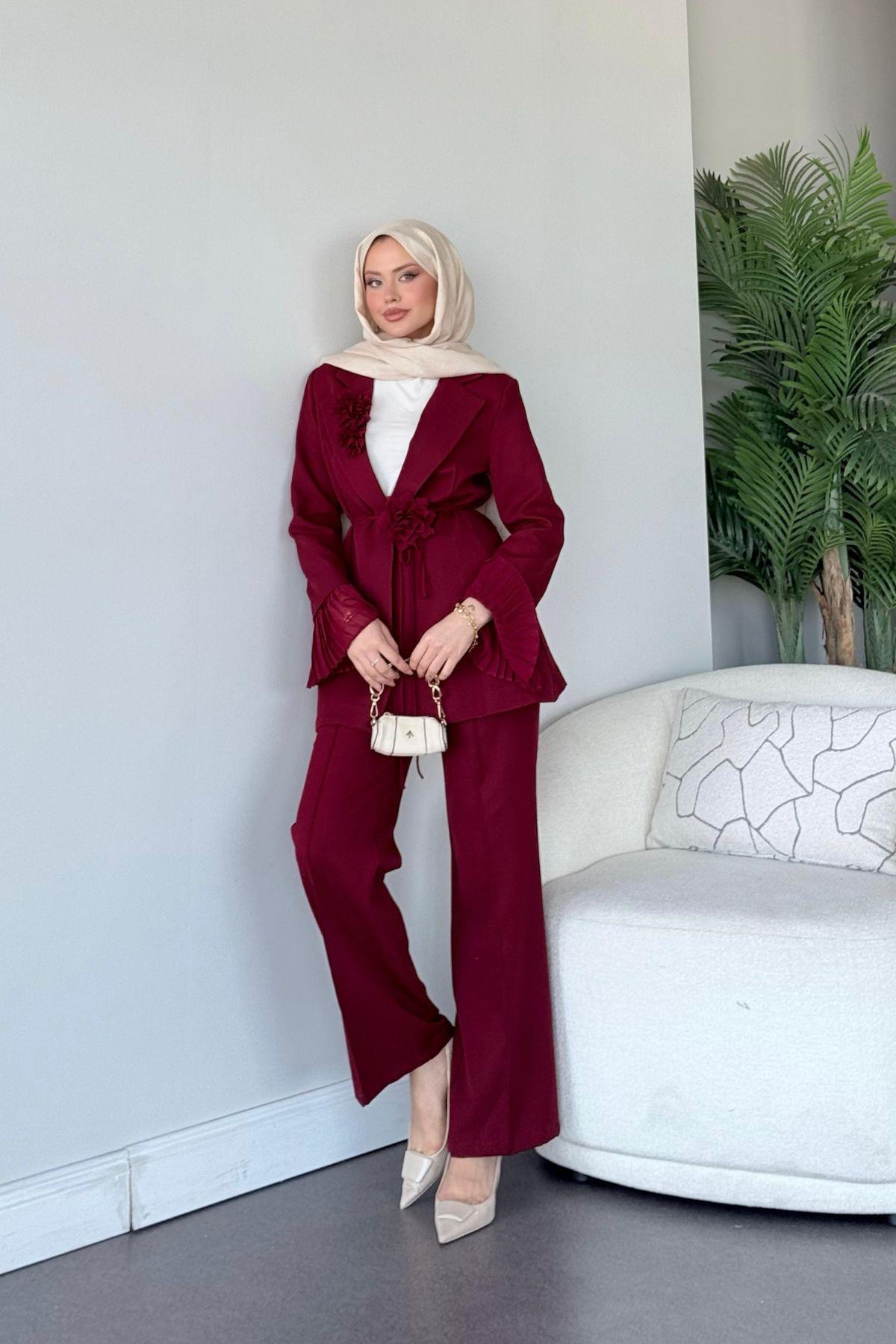 İzel Kolu Piliseli Takım Bordo, Fiyatları İzel Kolu Piliseli Takım Bordo- Haza Moda