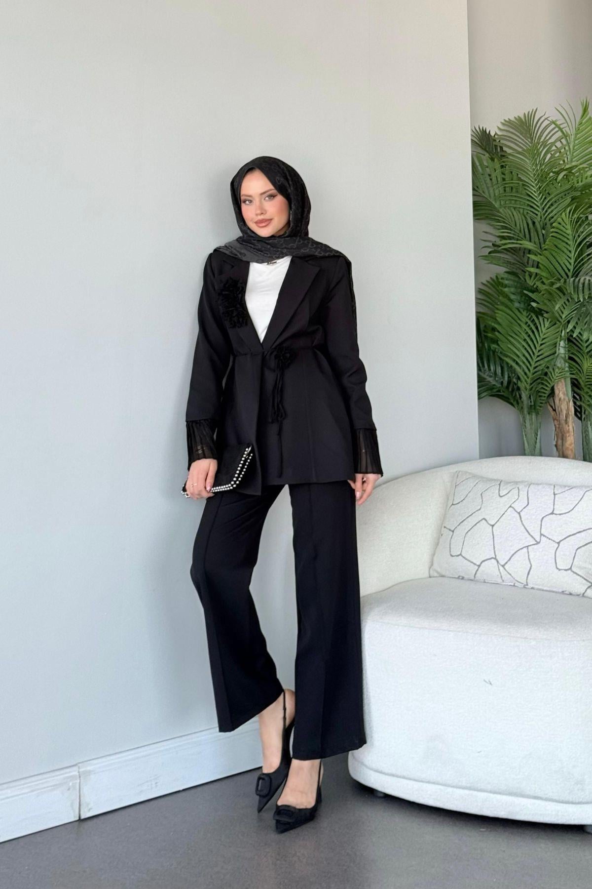 İzel Kolu Piliseli Takım Siyah, Fiyatları İzel Kolu Piliseli Takım Siyah- Haza Moda