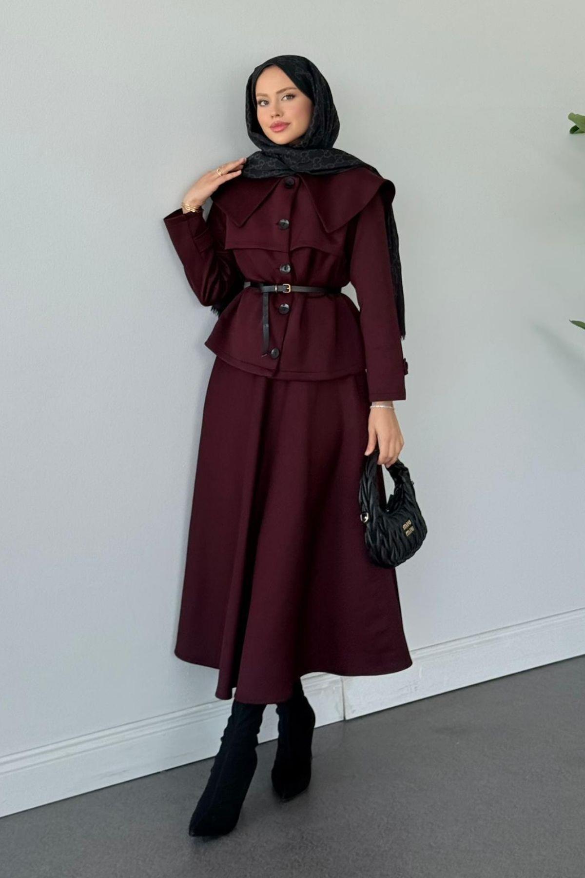 Jose Kemerli Etekli Takım Bordo, Fiyatları Jose Kemerli Etekli Takım Bordo Haza Moda 